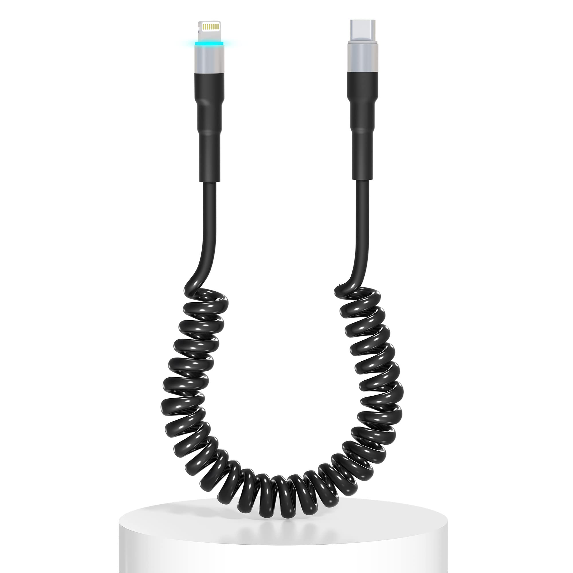 MFi Certified Coiled USB-C to Lightning Cable - Fast Charging & Data Sync for iPhone/iPad/iPod | Apple CarPlay Compatible Retractable Charger with LED Indicator | Perfect for Car, Home & Office Use