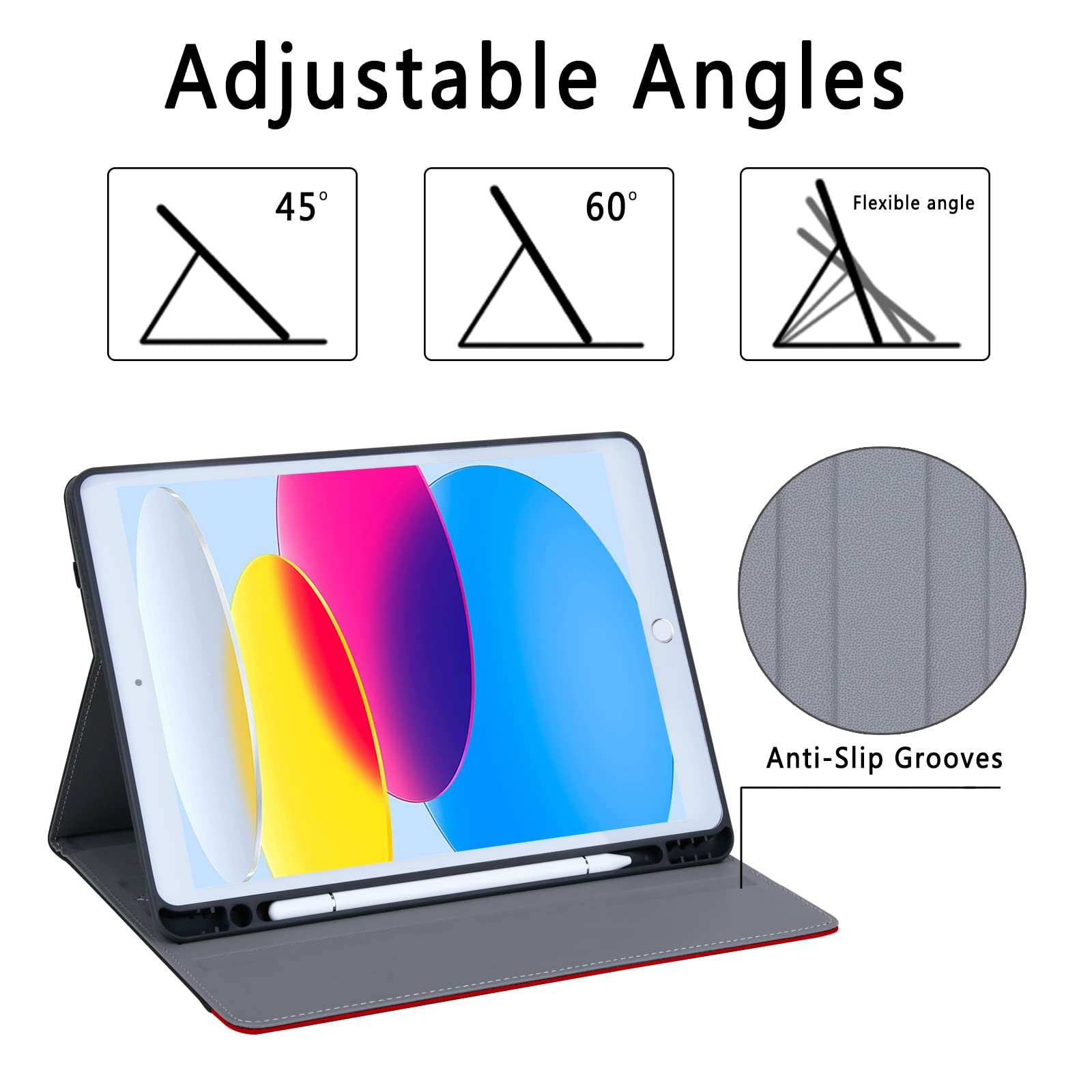HFcoupe iPad 9th/8th/7th Generation Case (2021/2020/2019) - 10.2 Inch Full Body Protective Cover with Pencil Holder, Pocket & Auto Sleep/Wake | Multiple Viewing Angles | Black/Red | Perfect for Work, School & Travel