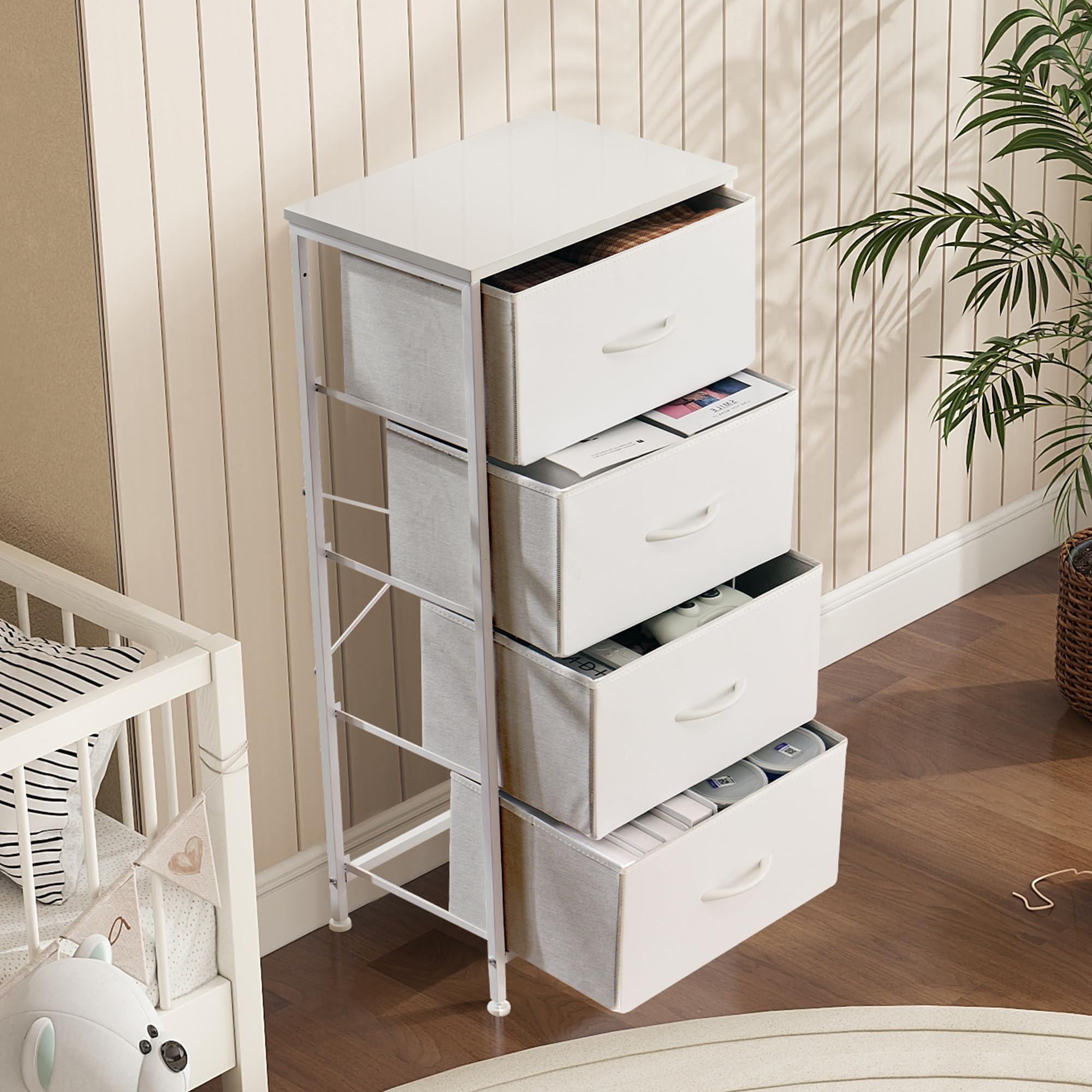 DUMOS 4-Drawer Dresser for Bedroom Storage - Tall Fabric Closet Organizer with Wooden Top & Metal Frame - Kids Clothes Chest for Living Room, Hallway, Entryway | Perfect for Small Space Organization & Home Decor