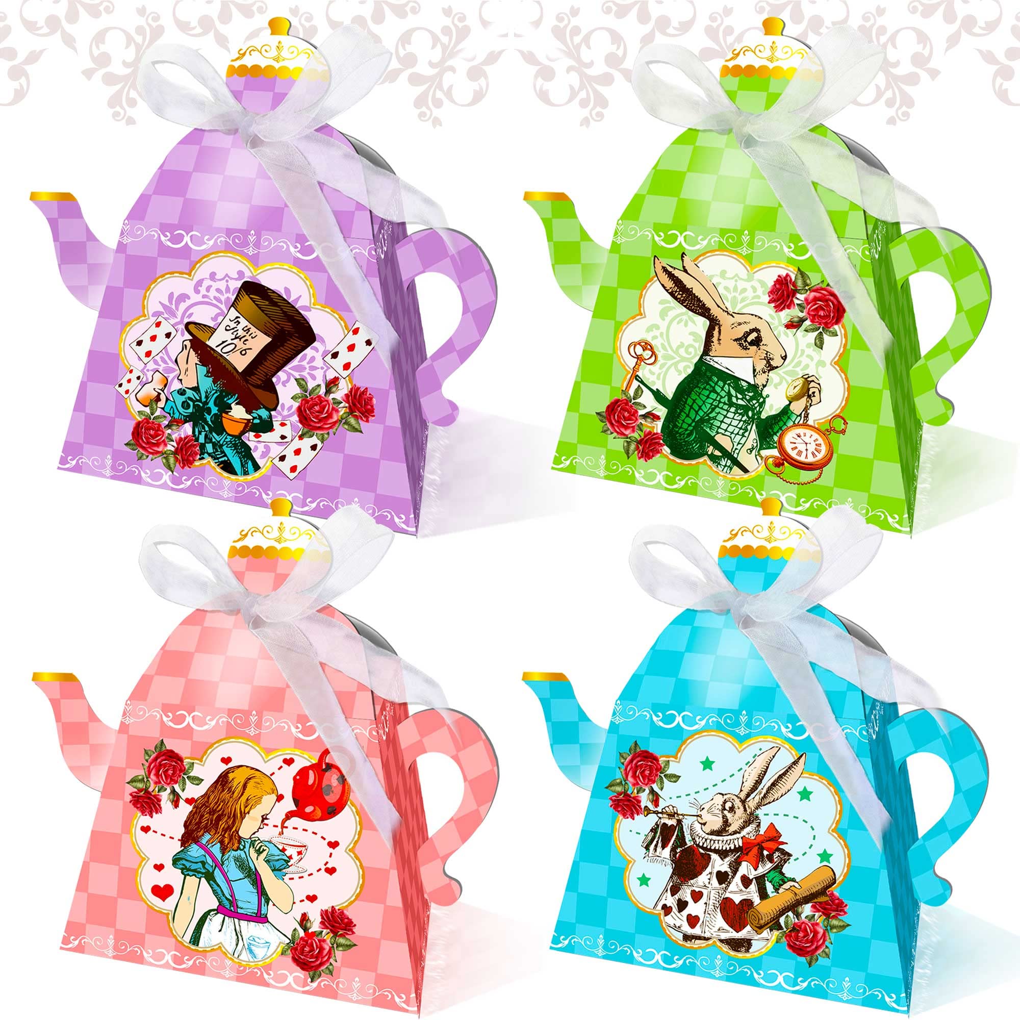 LaVenty 12 PCS Alice in Wonderland Tea Party Favor Bags & Gift Boxes - Whimsical Treat Bags for Birthday Parties, Baby Showers & Themed Events