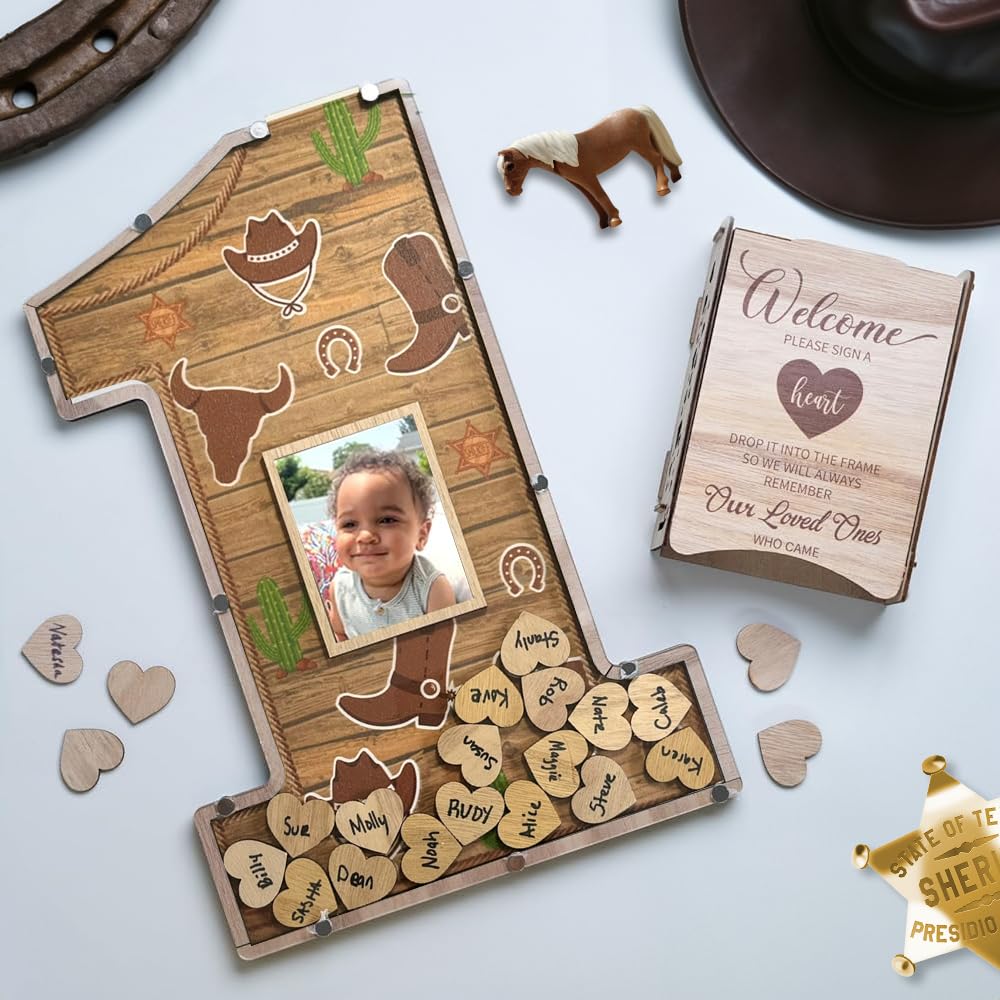 My First Rodeo Birthday Guest Book & Photo Frame Keepsake - Cowboy Cowgirl 1st Birthday Decor for Boys & Girls - Western Theme Party Sign-In Game Centerpiece (Perfect for Wild West Themed Birthday Parties & Baby Showers)