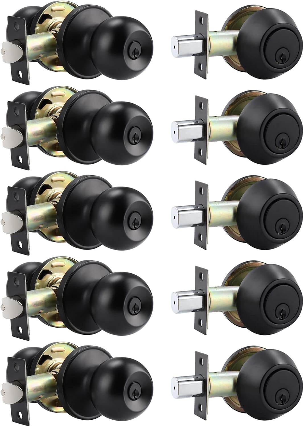 5 Pack Matte Black Entry Door Knob Lockset & Single Cylinder Deadbolt Combo Set - Keyed Alike Exterior Knob Lock & Deadbolt for Front Door, Back Door & Gate - Secure Your Home, Office & Rental Property