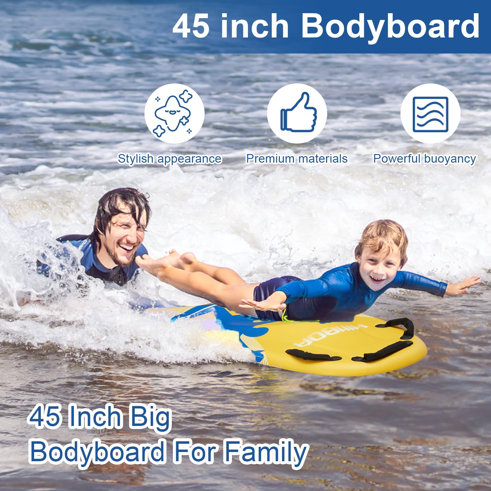 45'' Lightweight Bodyboard for Kids & Adults - EPS Core, XPE Deck, HDPE Slick Bottom with Handles & Wrist Leash - Perfect for Beach Surfing, Pool Play & Water Sports - Yellow