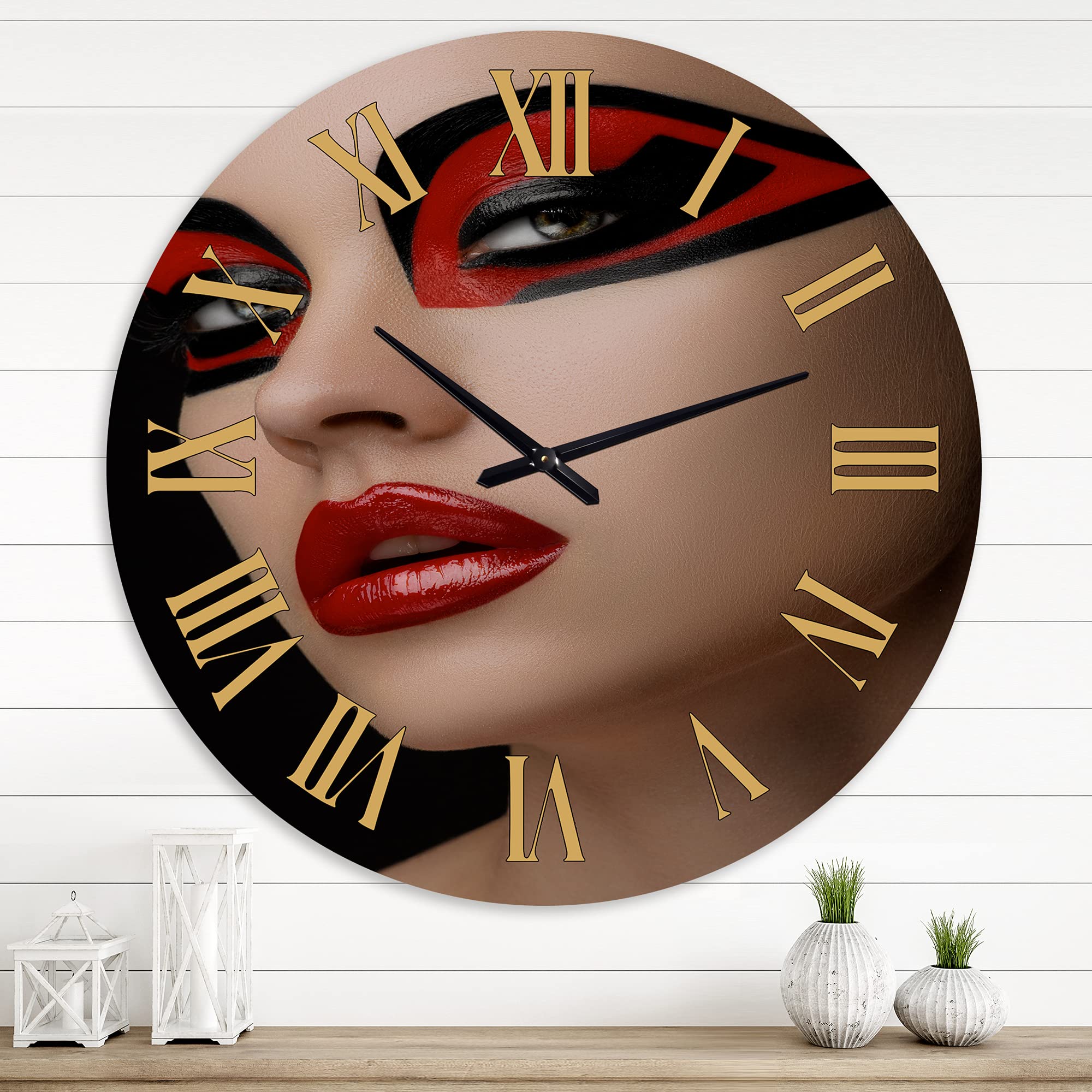 DesignQ Modern Large Wall Clock - Red Lips & Black Makeup Mask Women Art - Stylish Home Decor for Bedroom, Living Room, Office | Perfect Gift for Women, Unique Wall Art for Home Interior Design