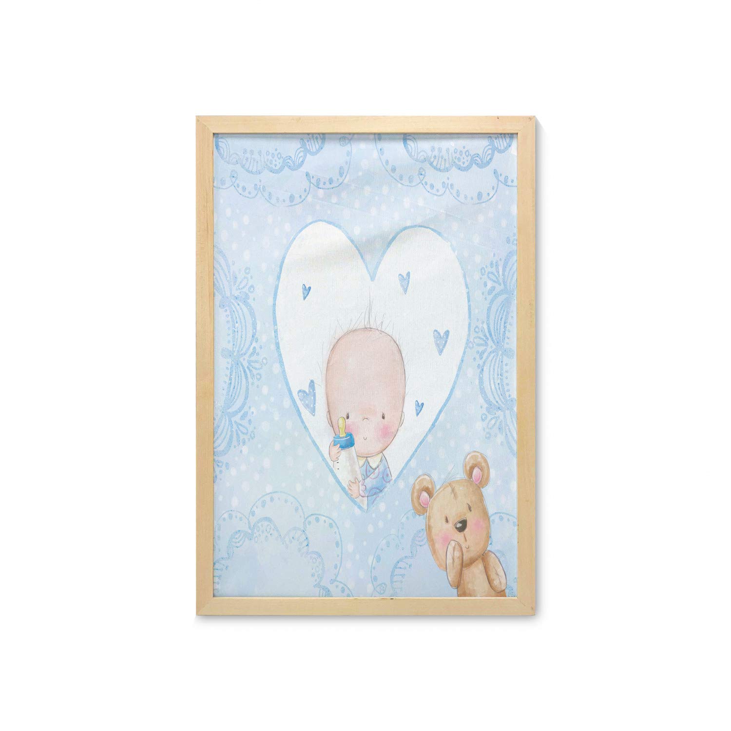 Ambesonne Gender Reveal Wall Art with Frame - Little Boy & Teddy Bear Heart Design - Printed Fabric Poster 23