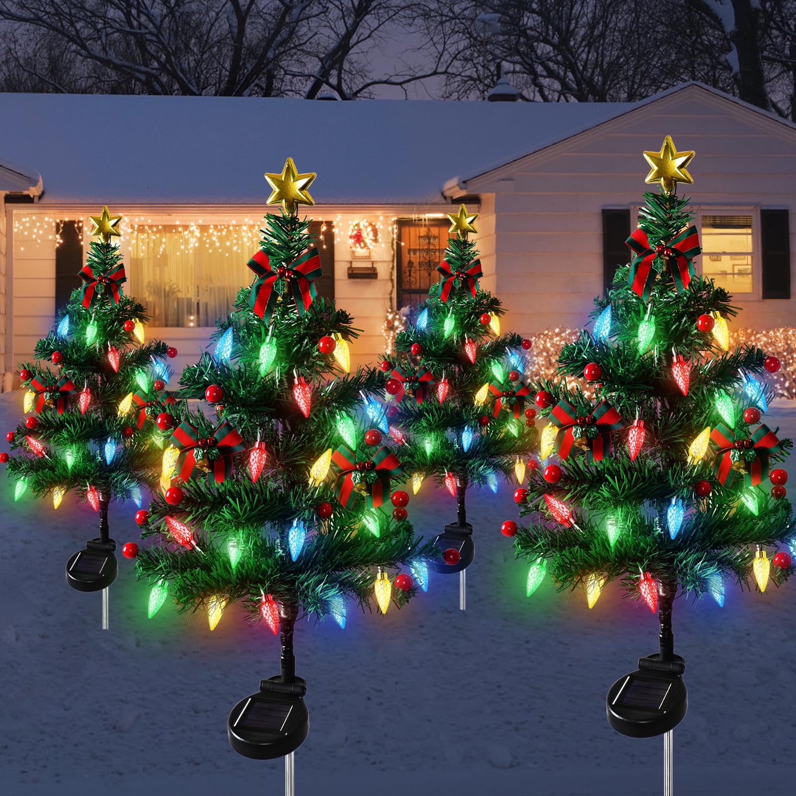 TOCHGREEN 4 Pack 32-Inch Solar Christmas Tree Lights with 80 LED C6 Bulbs - 8 Lighting Modes, Waterproof Outdoor Stake Lights with Red Ball Ornaments for Garden, Patio, Yard - Perfect for Holiday Pathway Decorations & Festive Outdoor Lighting