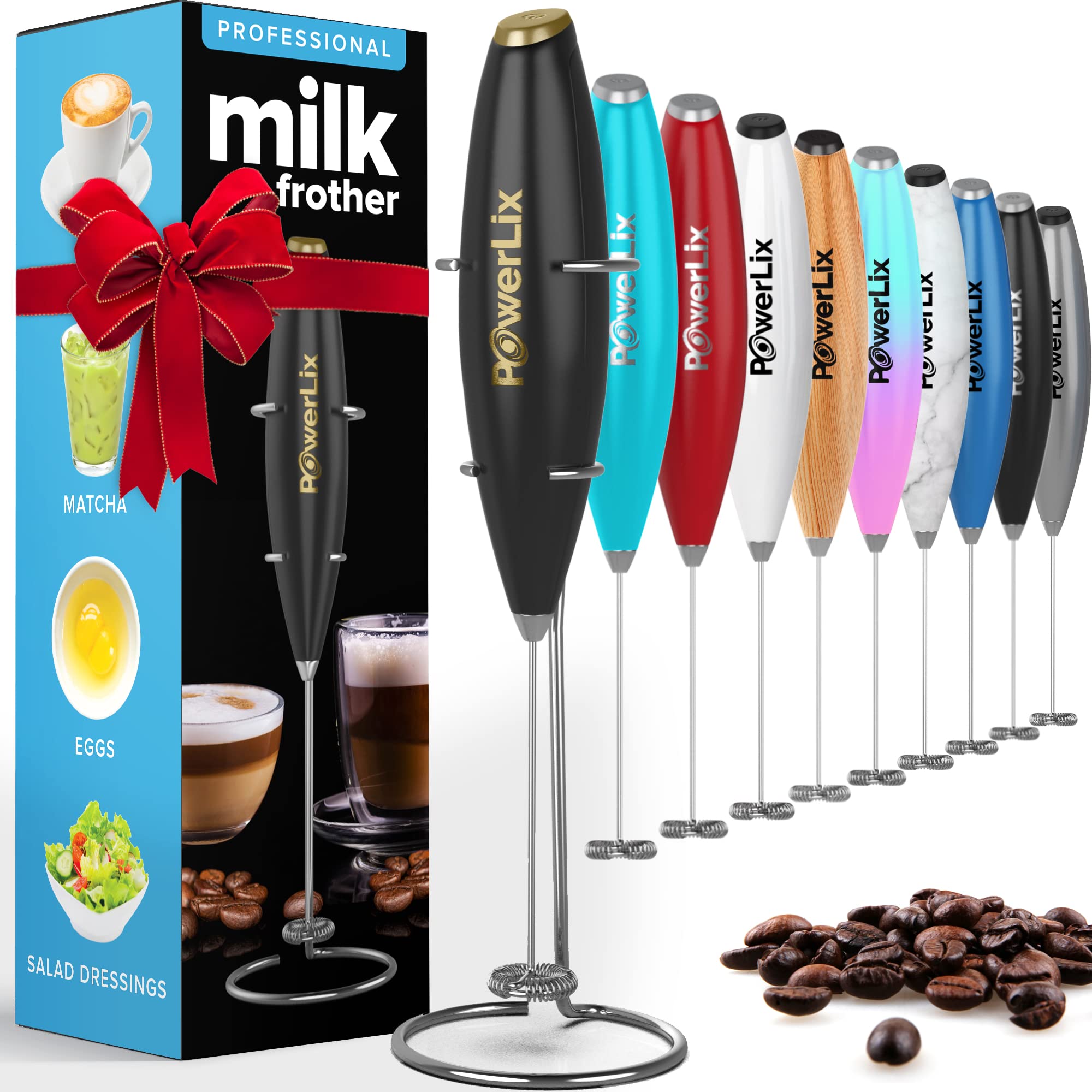 PowerLix Handheld Electric Milk Frother - Battery Operated Mini Whisk for Coffee, Latte, Cappuccino, Matcha & Hot Chocolate - Includes Stainless Steel Stand - Perfect for Home, Office & Travel Use (RB)