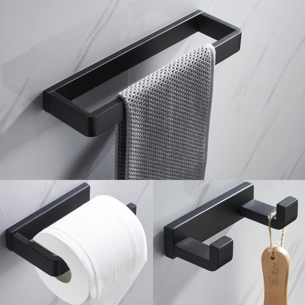 Premium 3-Piece Contemporary Bathroom Hardware Set - Stainless Steel Towel Hook, Towel Bar & Toilet Paper Holder - Wall Mounted Matte Black (SUS 304) - Perfect for Modern Bathrooms, Powder Rooms & Spa-Style Decor
