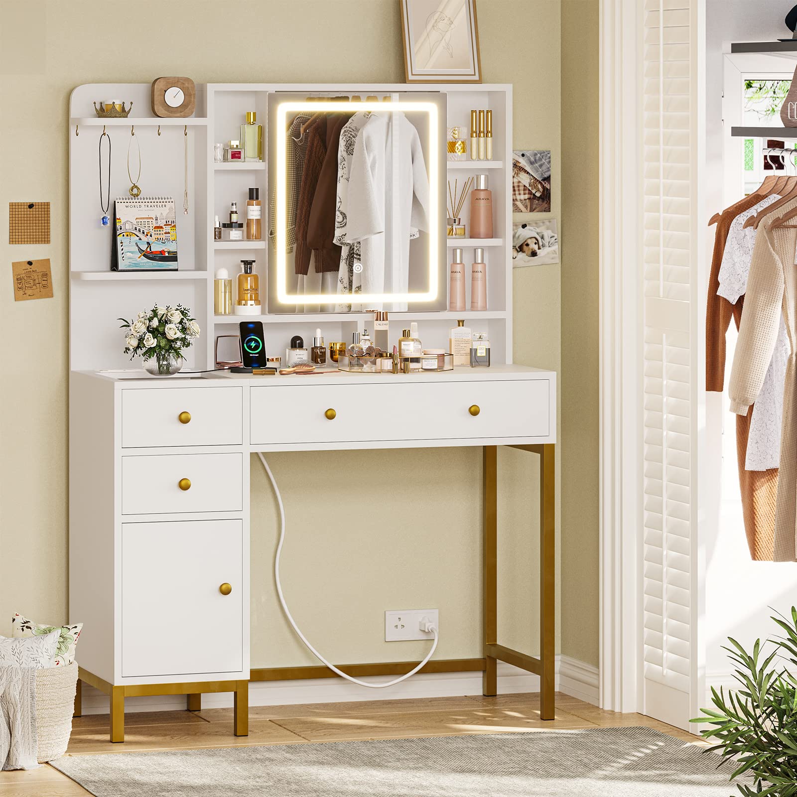 VIAGDO White Vanity Desk with LED Lights - Makeup Vanity Table with Openable Mirror, Charging Station, 4 Drawers & Storage Shelves - Perfect for Bedroom, Dressing Room & Beauty Salon Organization