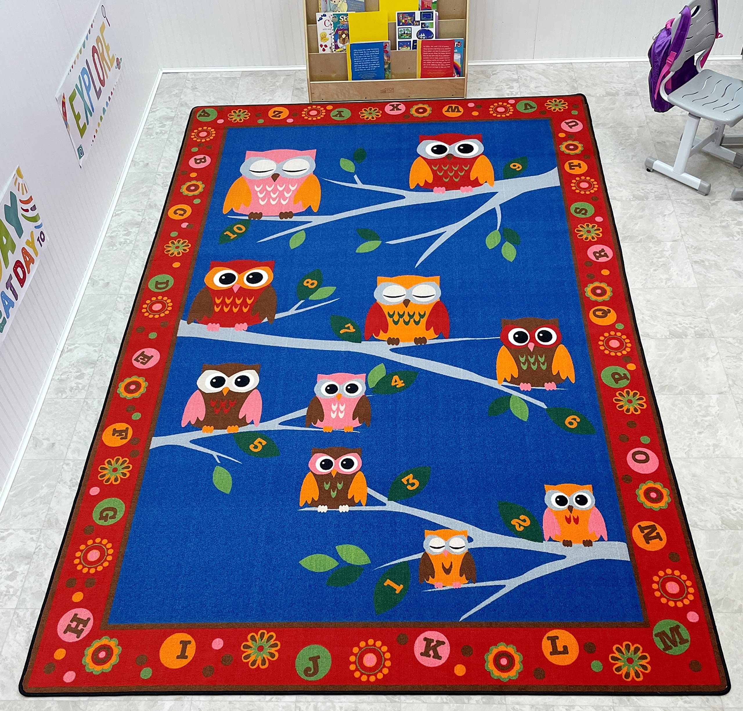 Educational Kids Carpet with ABCs & Numbers - 4'x6' Multicolored Owl Design Learning Rug for Children | Perfect for Playroom, Daycare, Nursery & Classroom | Soft Non-Slip Play Mat for Toddlers