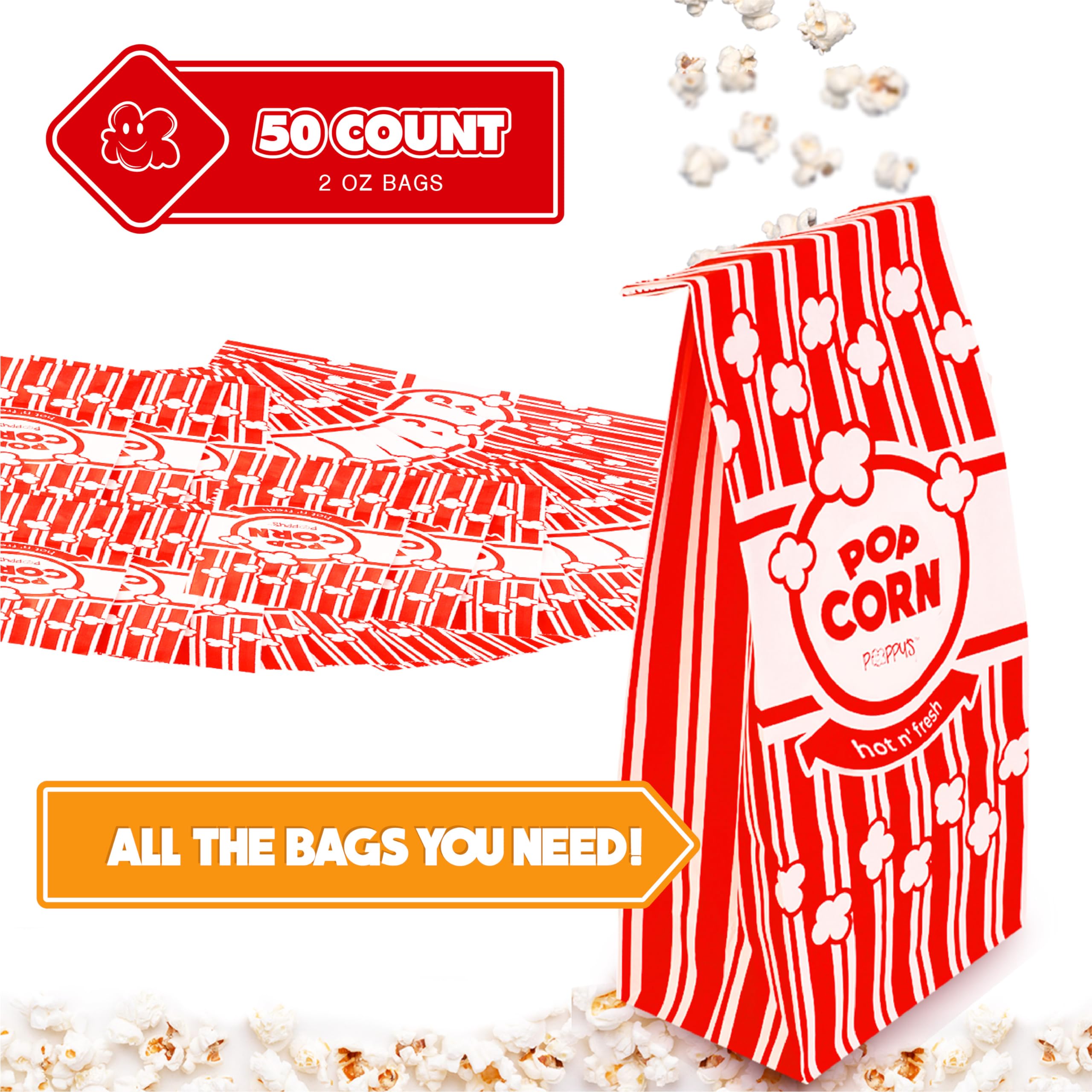 **Poppy's Flat Bottom Paper Popcorn Bags – 50 Pack 2 oz Concession-Grade Popcorn Machine Accessories for Movie Theaters, Carnivals & Home Use – Perfect for Popcorn Bars, Movie Nights & Concession Stands**
