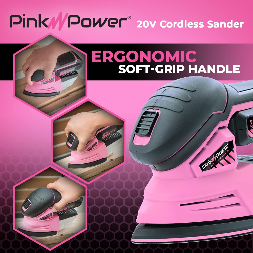 20V Cordless Electric Hand Sander - Pink Power Detail Sander for Woodworking & Furniture Repair | Mini Palm Sander with Sandpaper, 2 Li-Ion Batteries & Charger | Perfect for DIY Projects, Home Renovation & Small Woodworking Tasks