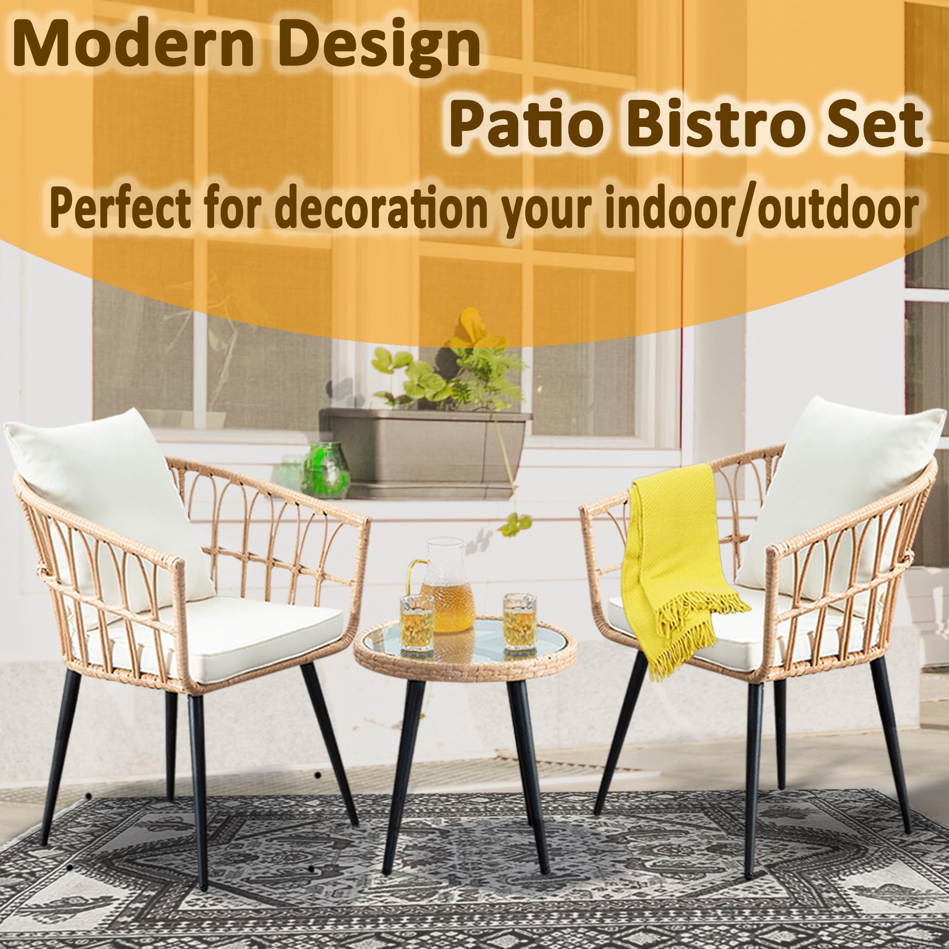 3 Piece Patio Bistro Set - All-Weather Wicker Outdoor Furniture with Cushions, Round Table & Rattan Chairs for Garden, Balcony, Backyard, Porch - Perfect for Relaxing, Dining & Entertaining Guests