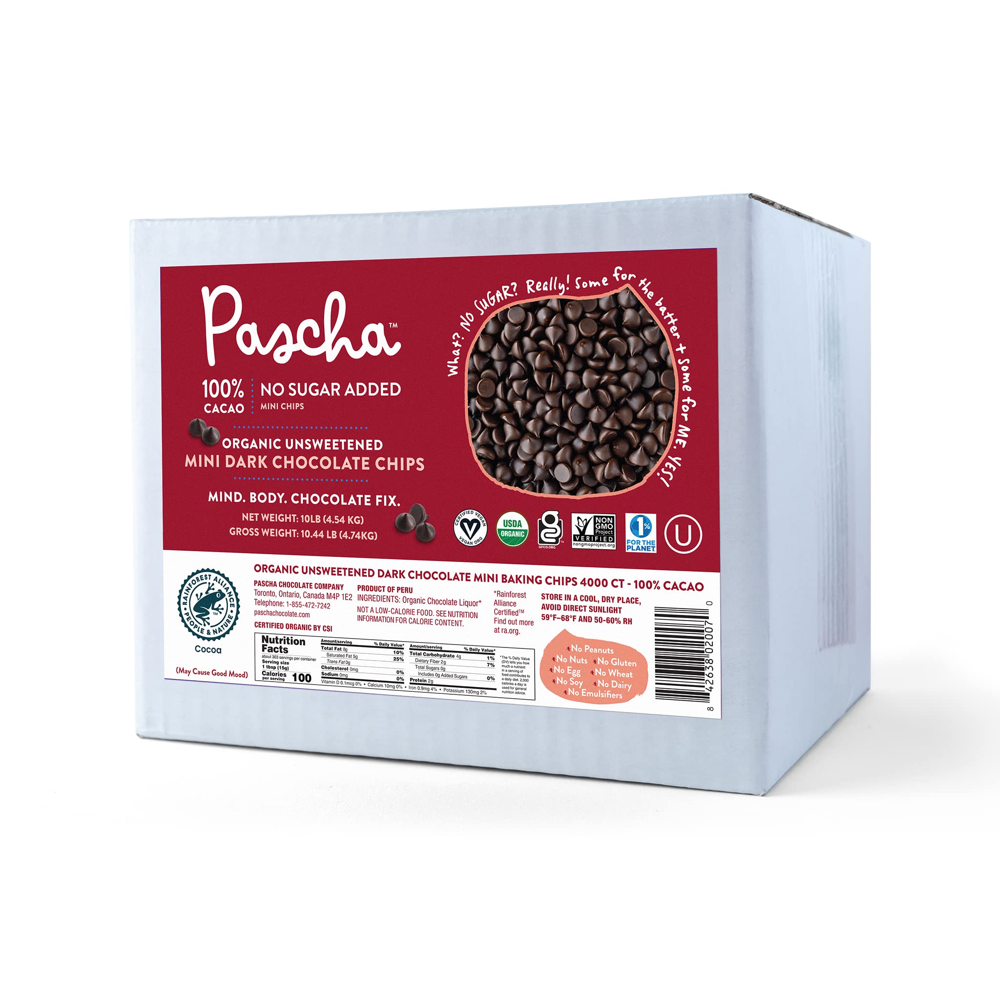 Pascha Organic Mini Unsweetened Dark Chocolate Baking Chips 100% Cacao - UTZ Certified, Gluten Free, Non GMO, No Added Sugar, Bulk Pack - Perfect for Baking Cookies, Muffins & Healthy Desserts