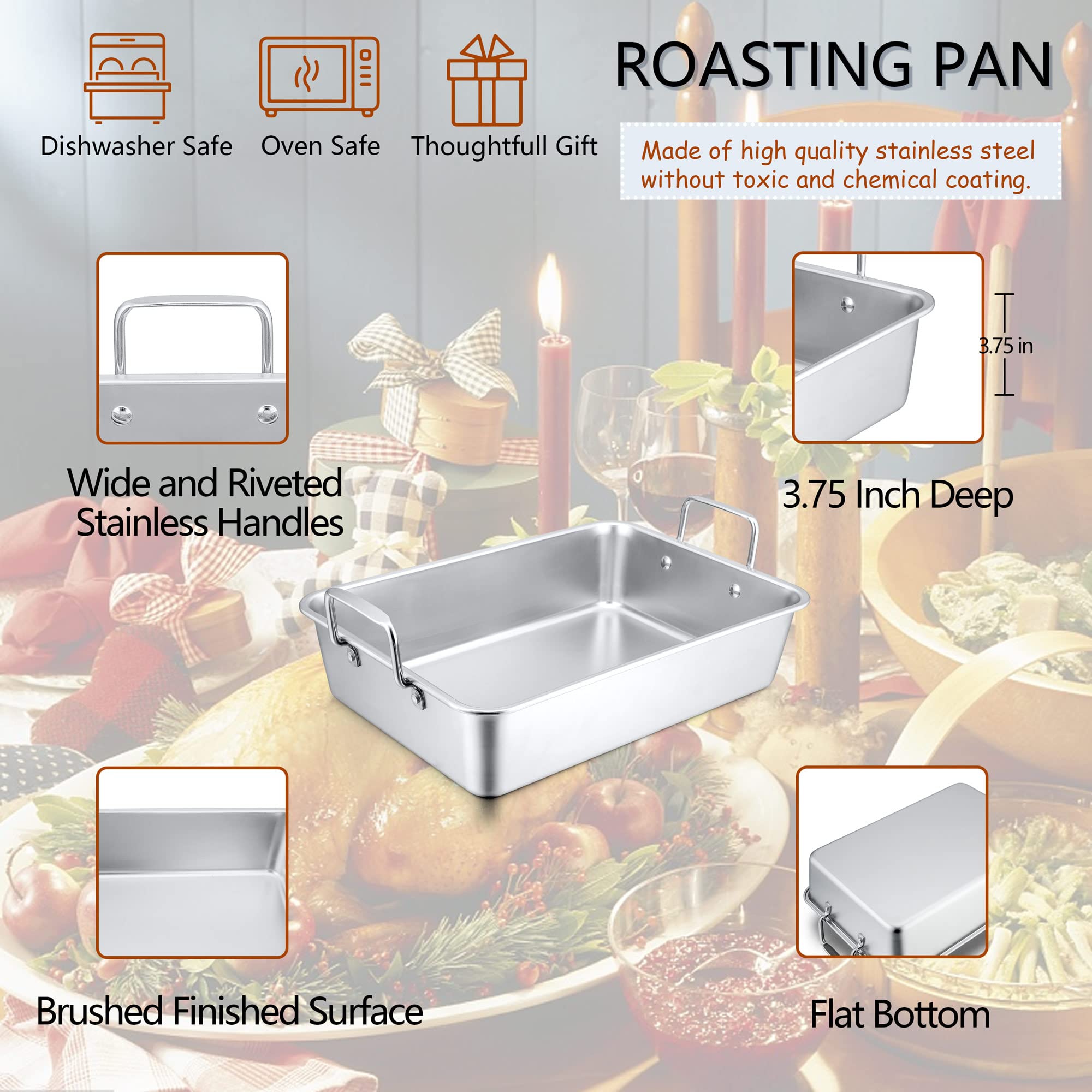 14 x 10.6 Inch Stainless Steel Roasting Pan with V-Shaped Rack & Flat Cooling Rack - Oven Safe Turkey Roaster for Thanksgiving, Christmas Dinner & Holiday Cooking - Dishwasher Safe & Durable for Easy Cleanup