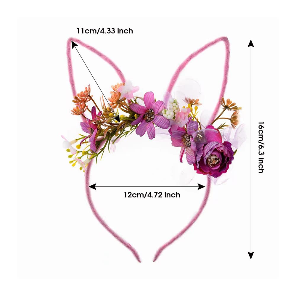 Bubbmi Easter Bunny Ear Headband with Artificial Flowers Crown - Rabbit Long Ear Hairbands for Girls & Women - Pink & Purple Festival Costume Hair Accessories for Easter, Spring Parties & Photo Shoots
