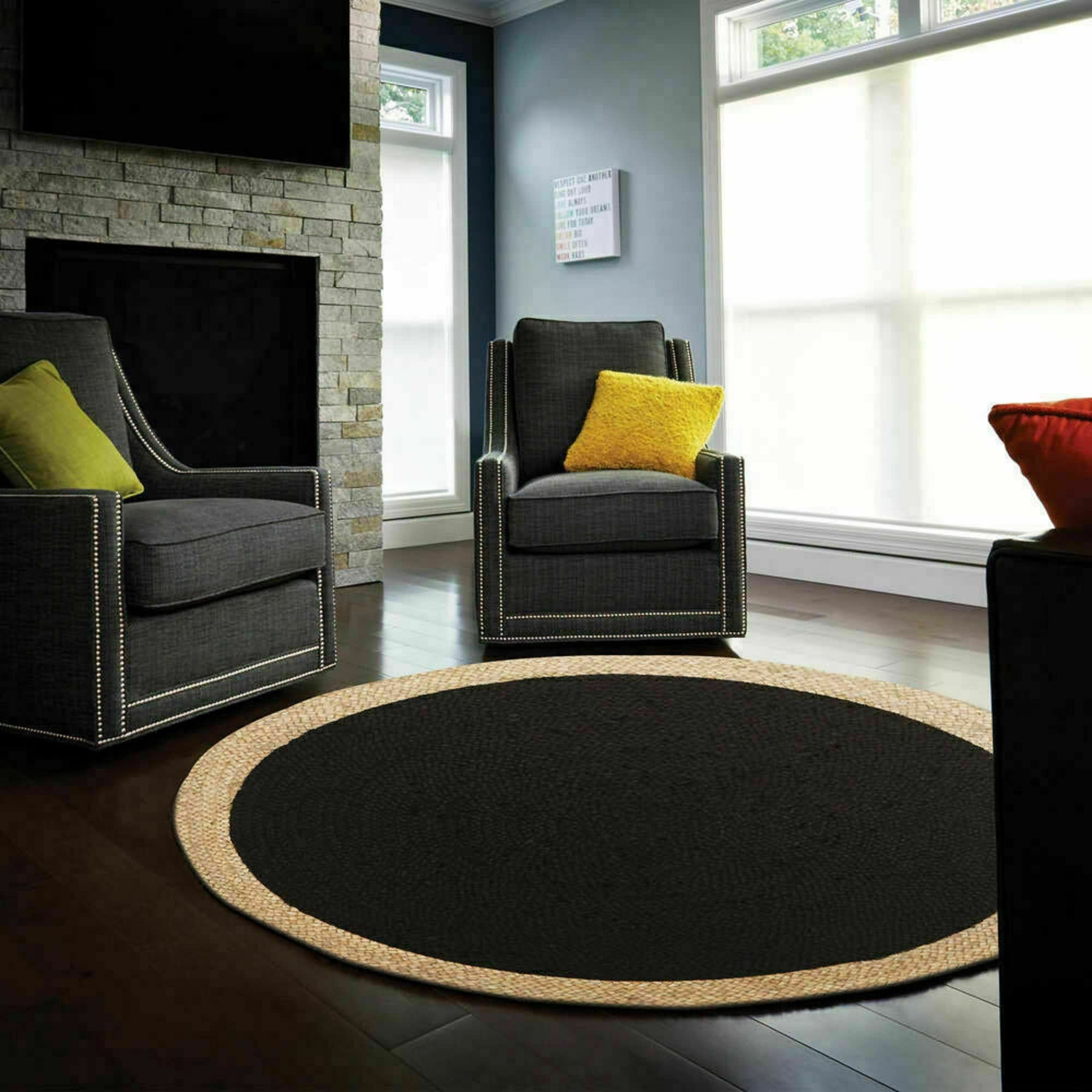 Hand Braided Round Jute Rug - Natural Farmhouse Style Area Rug for Living Room, Bedroom, Kitchen - 2x2 Feet Black Indoor/Outdoor Carpet - Perfect for Boho Decor, Patio Flooring & Cozy Home Accents