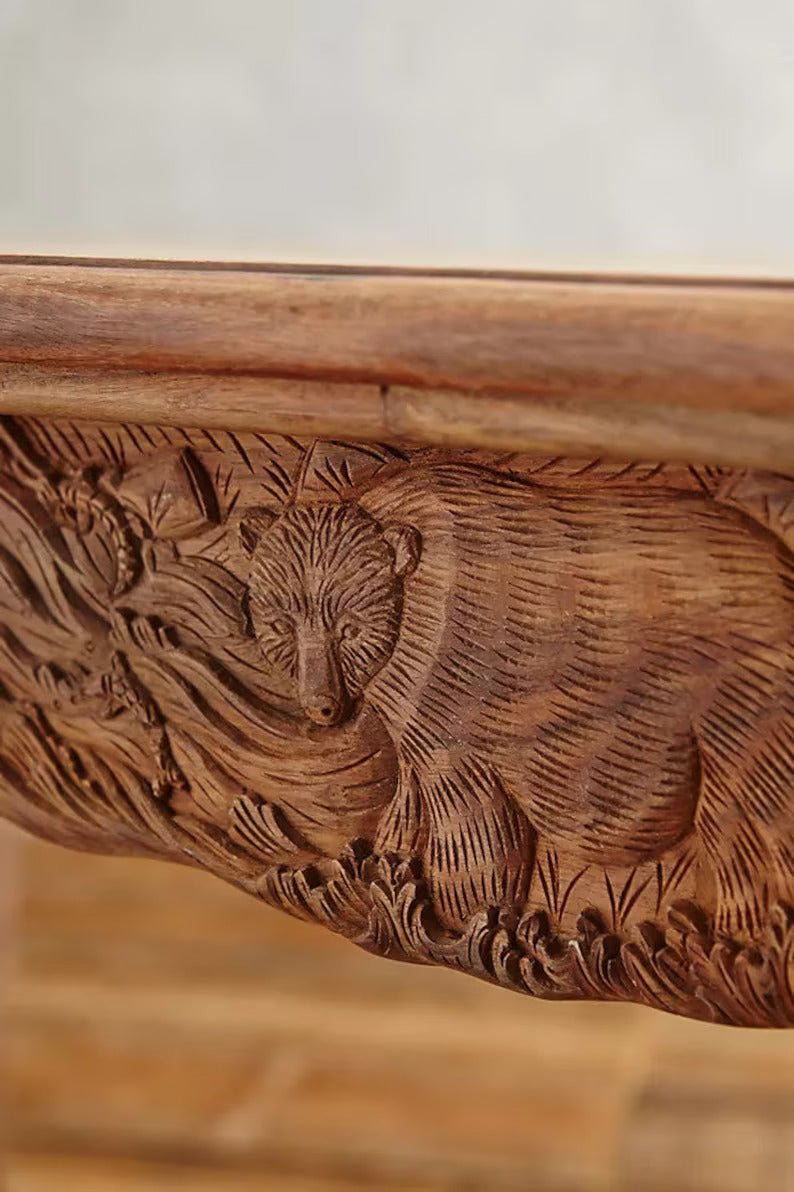 Hand Carved Brown Wooden Menagerie Dining Table Set - Rustic Farmhouse Style for Family Gatherings & Dinner Parties
