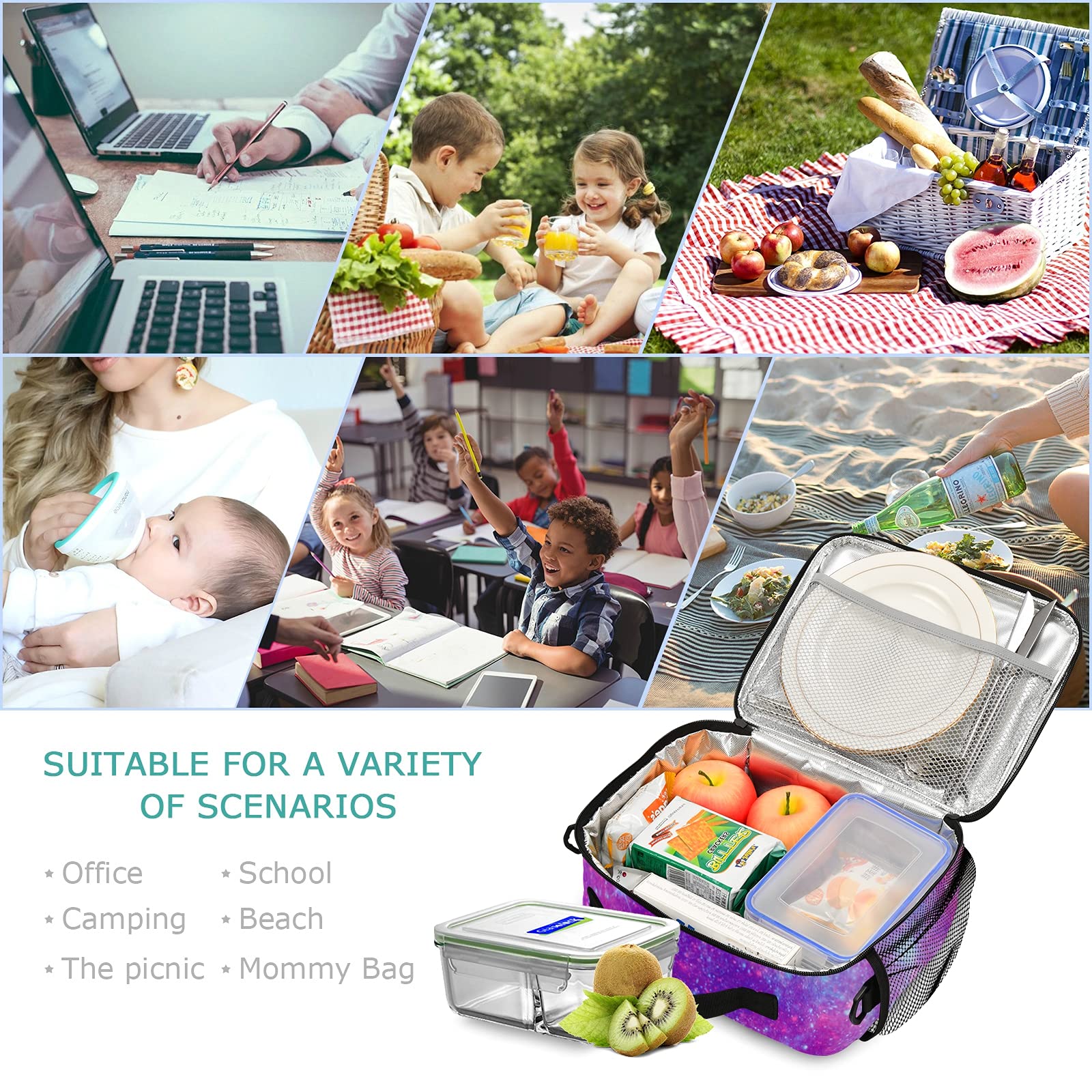 Magenta Galaxy Universe Print Insulated Lunch Box for Women & Girls - Reusable Cooler Tote Bag for Work, School, Picnic - Perfect for Office Lunches, Kids' Meals & Outdoor Adventures