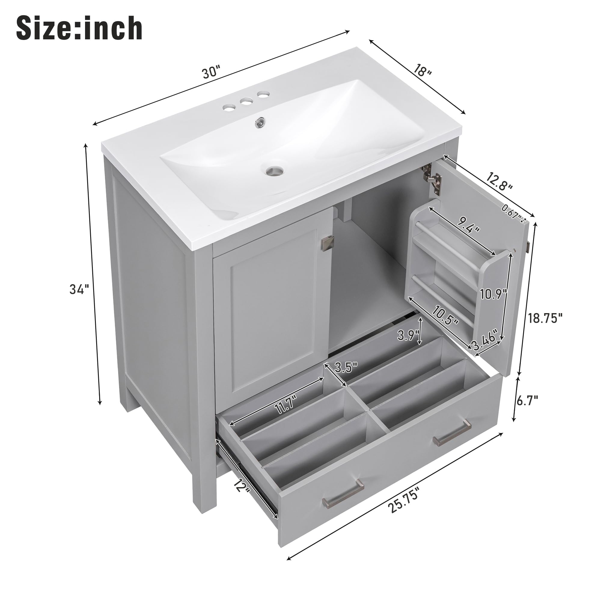 30 Inch Grey Bathroom Vanity with Sink - 2 Door Storage Cabinet & Drawer, Multifunctional Bathroom Sink Cabinet (30