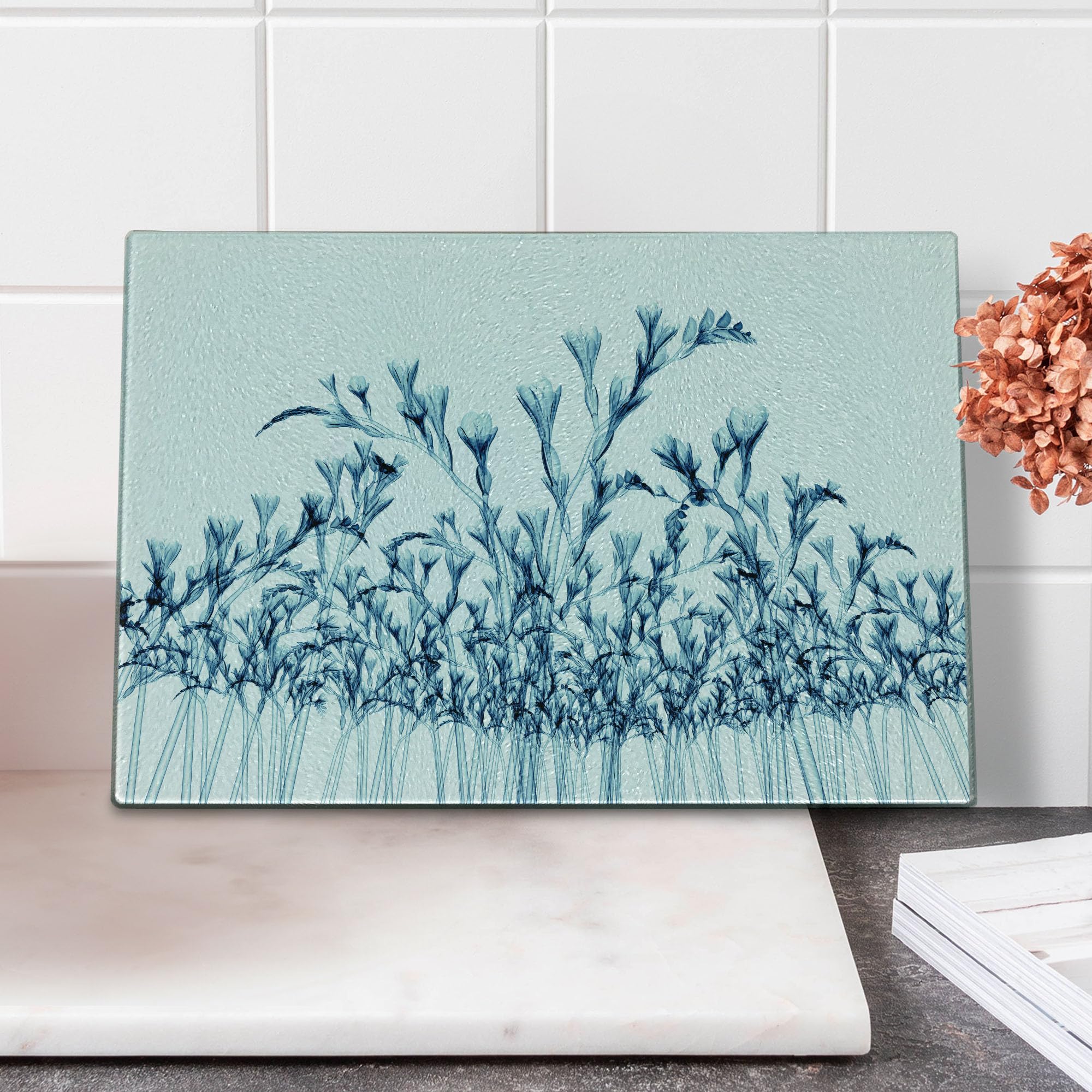 Ambesonne Floral Glass Cutting Board - Teal & White X-ray Flower Design - Decorative Tempered Glass Serving Board for Kitchen & Dining - Perfect for Cheese Display, Charcuterie & Home Decor