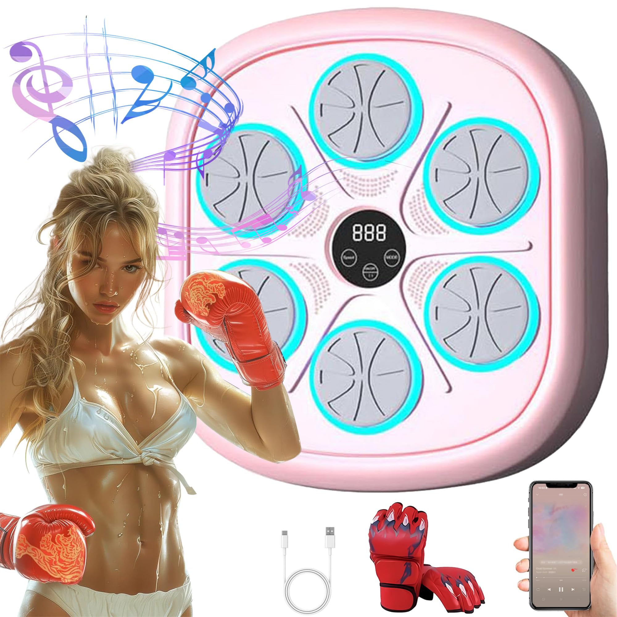 Pink Smart Wall Mounted Music Boxing Machine with Gloves - Boxing Workout Equipment for Home Gym, Fitness Training & Stress Relief