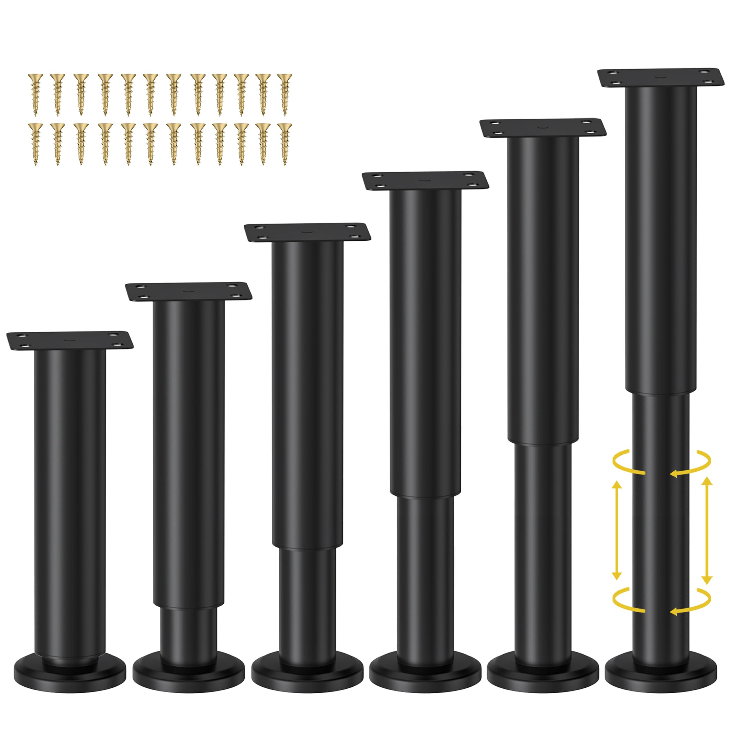 6 Pcs Adjustable Height Bed Support Legs (7.08-12.2 Inch) - Heavy Duty Metal Furniture Legs for Bed Frame, Sofa, Cabinet, Couch, Dresser & Table - Perfect for Bed Center Slat Replacement & Home Furniture Support