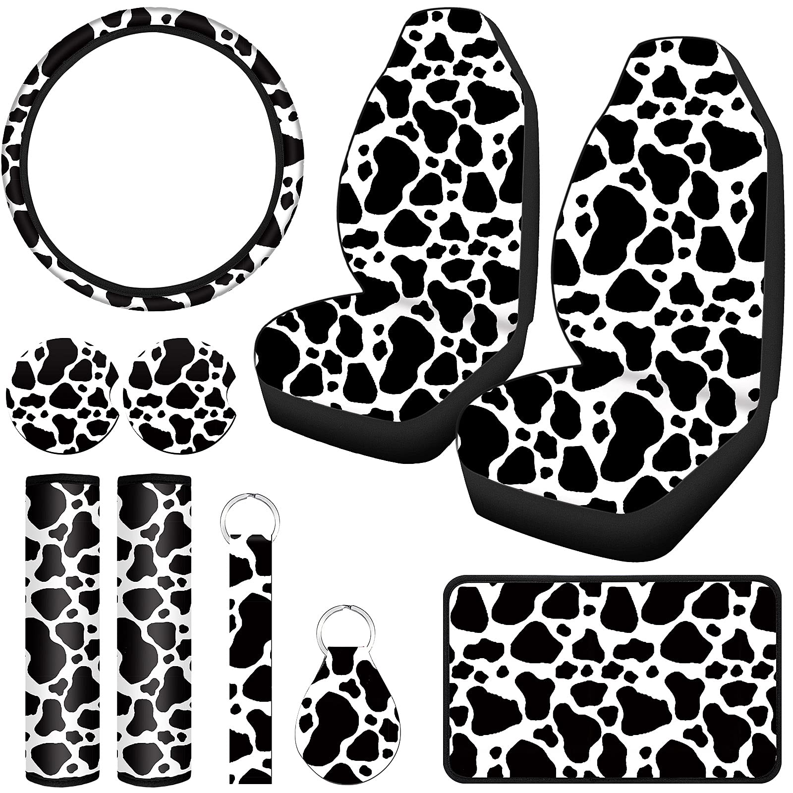 Cow Print Car Accessories Set - Stylish Car Seat Cover, Steering Wheel Cover, Cup Holders & Keyring for Women & Men - Fits Most Cars & SUVs (Black & White Cow Pattern) - Perfect for Road Trips, Daily Commutes & Car Enthusiasts