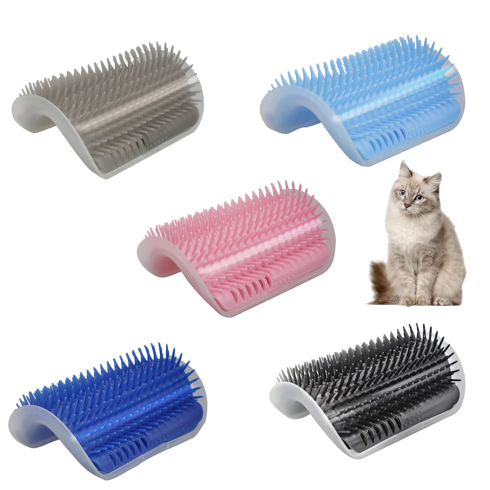 5-Pack Cat Grooming Kit - Self Grooming Face Massager with Catnip Pouch, Soft Brush for Indoor Cats, Wall Corner Scratcher & Fur Comb for Long/Short Hair - Perfect for Stress Relief & Coat Maintenance at Home