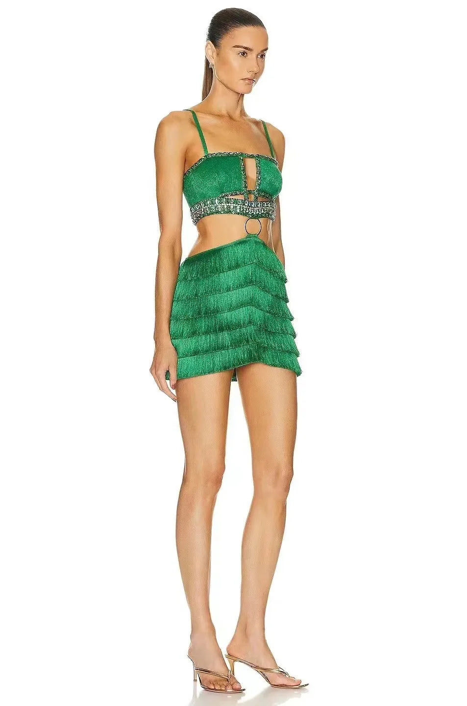 2024 Sexy Green Bodycon Mini Dress with Tassels & Shining Crystals - Women's Bandage Club Dress for Nightclub, Party & Celebrations - Perfect for Clubbing, Bachelorette & Special Occasions