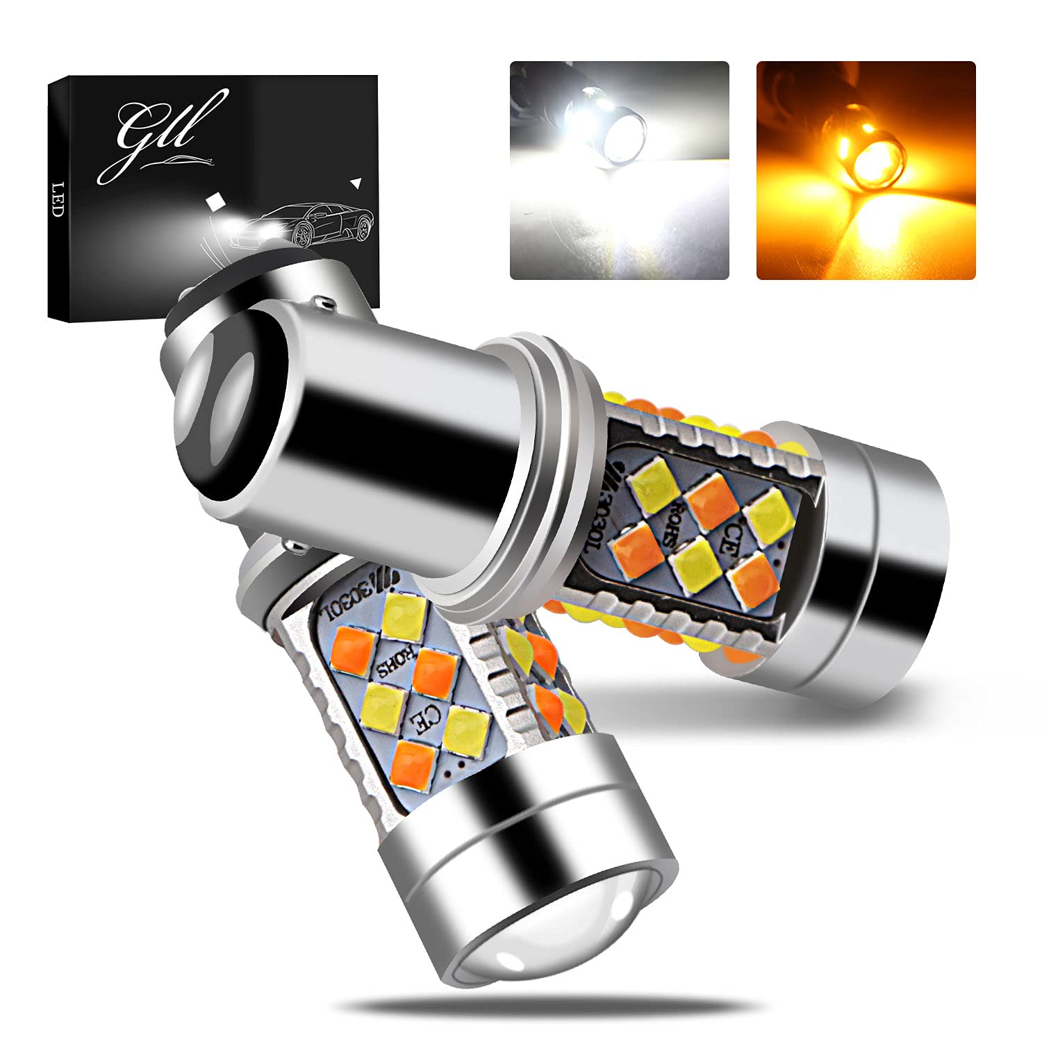1157 BAY15D Amber/White Switchback LED Bulbs - Dual Color Turn Signal & Parking Lights - Super Bright Daytime Running Lights (2 Pack) - Perfect for Cars, Trucks, SUVs & Motorcycles