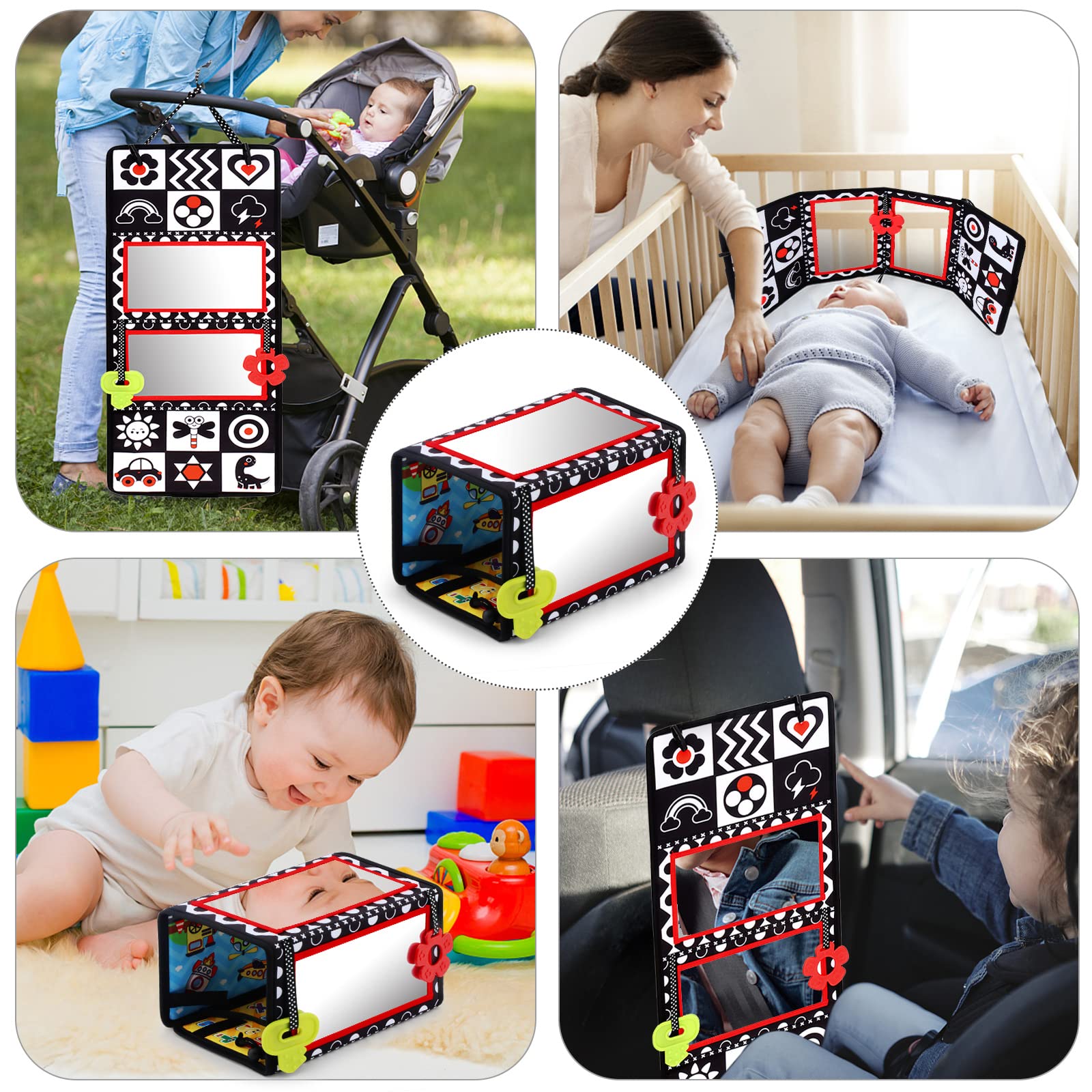 **Double-Sided Tummy Time Mirror with Teethers – High Contrast Black & White Baby Sensory Toy for Newborns & Infants | Montessori Crawling Developmental Toy for Playtime & Learning (A-Mirror)**