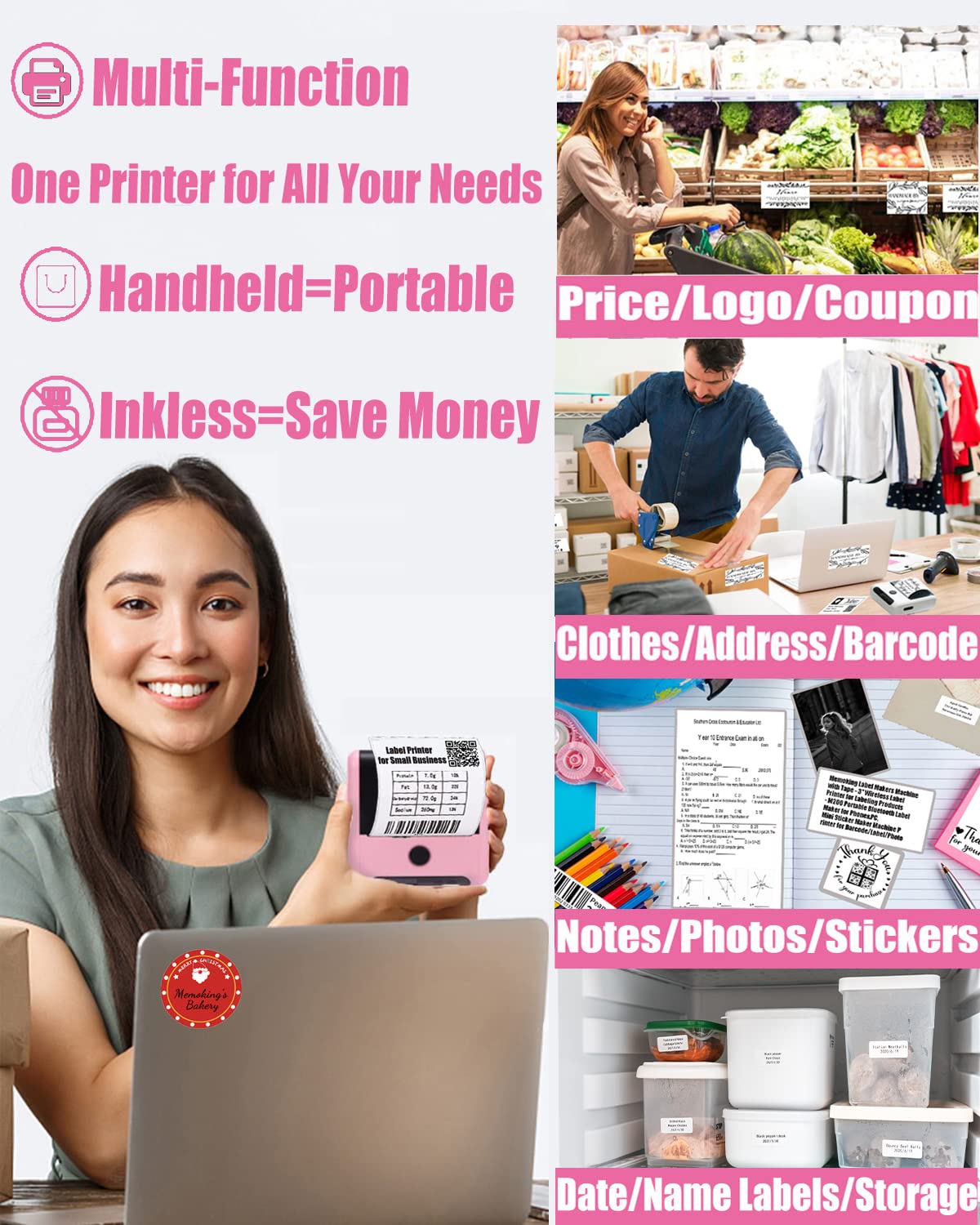 Memoking M200 Bluetooth Label Maker Machine with Tape - Portable Sticker Printer for Small Business, Address Labels, Logo Printing, Mailing & Office Organization | Compatible with Phones & PC | Includes 100+ Labels | Perfect for Kitchen Pantry, File Sorting & Product Labeling