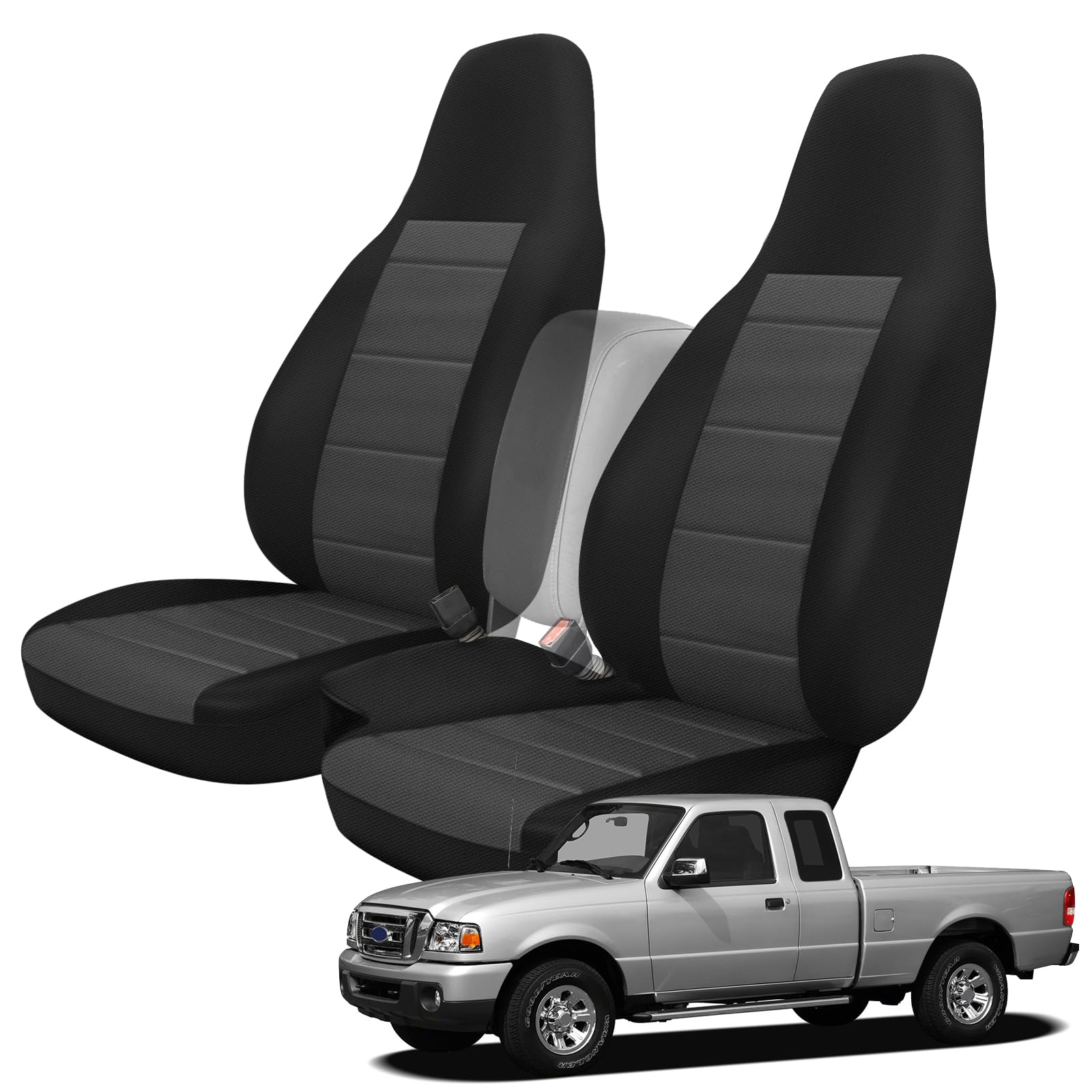 Premium Custom-Fit Front Seat Covers for 2004-2012 Ford Ranger Pickup - 60/40 Split High Back Seat Protection - Universal Fit Without Console - Durable Car Seat Covers for Work Trucks & Daily Commuting
