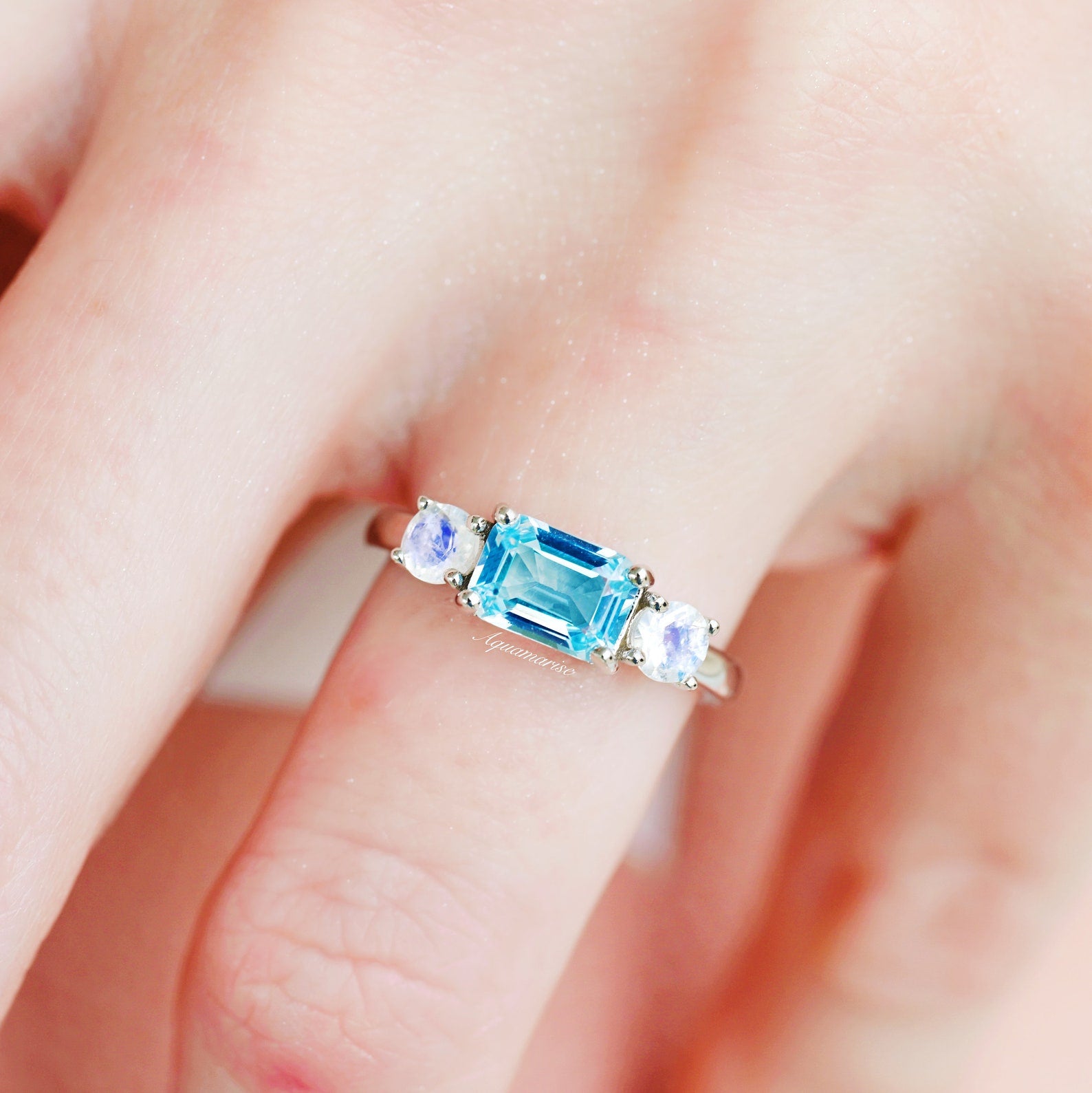 Emerald Cut Aquamarine and Moonstone Ring - 14K White Gold Wedding Engagement Ring for Women, Elegant Bridal Jewelry Gift for Her, Perfect for Anniversaries & Special Occasions