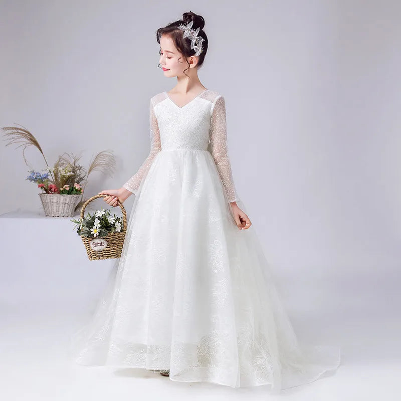 Elegant Long Sleeve Lace Flower Girl Dress for Weddings - Princess Party Gown for Special Occasions, Birthday Celebrations & Formal Events