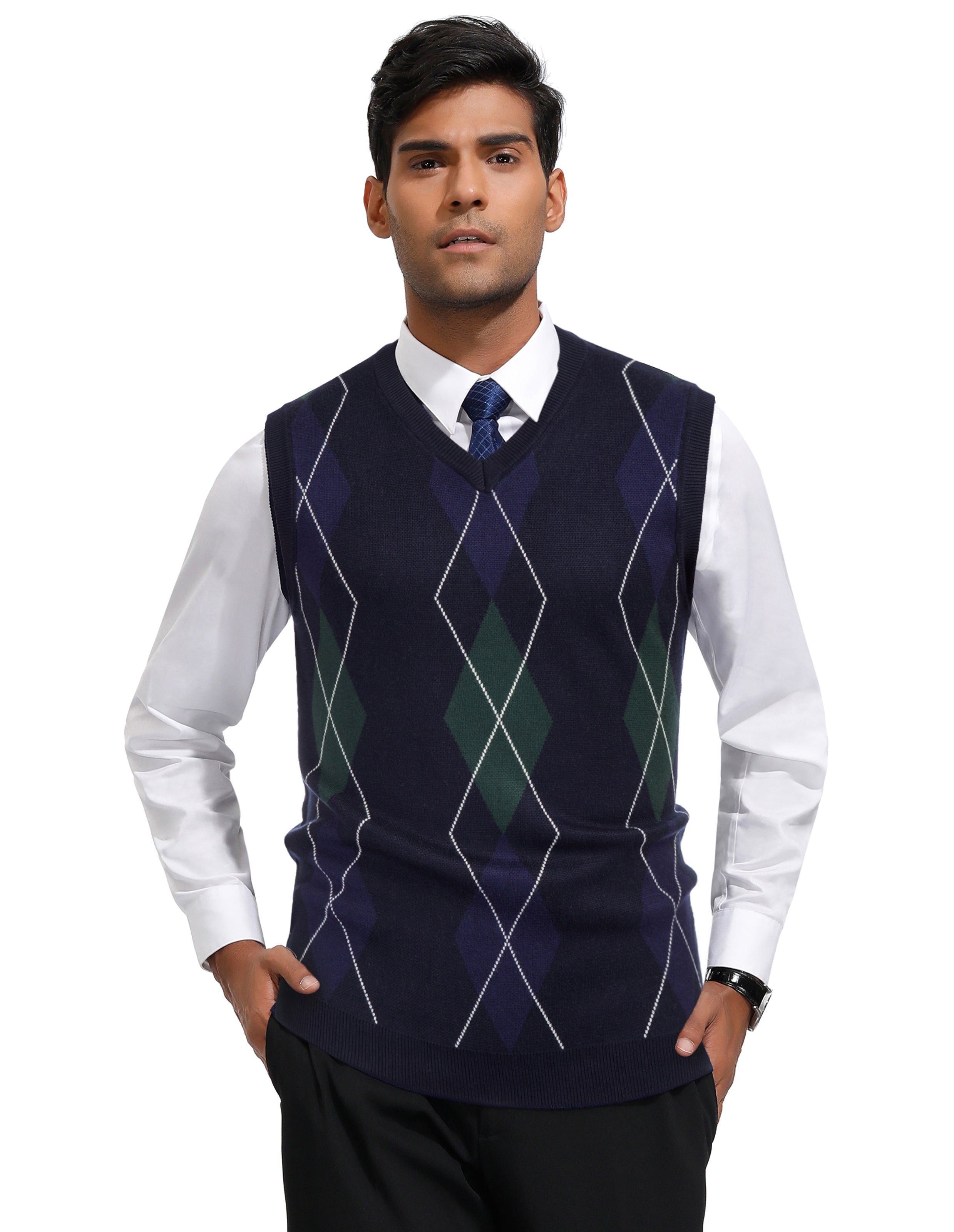 Men's Slim Fit V Neck Argyle Sweater Vest - Soft Knitted Pullover for Casual Wear & Office Outfits
