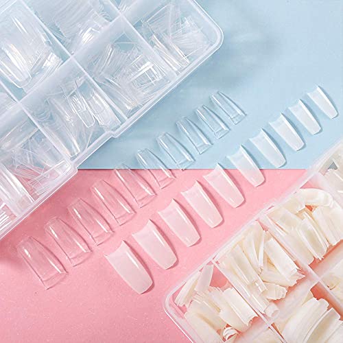 200 Pcs Acrylic Nail Tips - French Half Cover Fake Nails in 10 Sizes (Clear/Natural) for Nail Salon & DIY Manicure - Coffin Shape Artificial Nails with Storage Box - Perfect for Home Use, Professional Nail Art & Party Looks