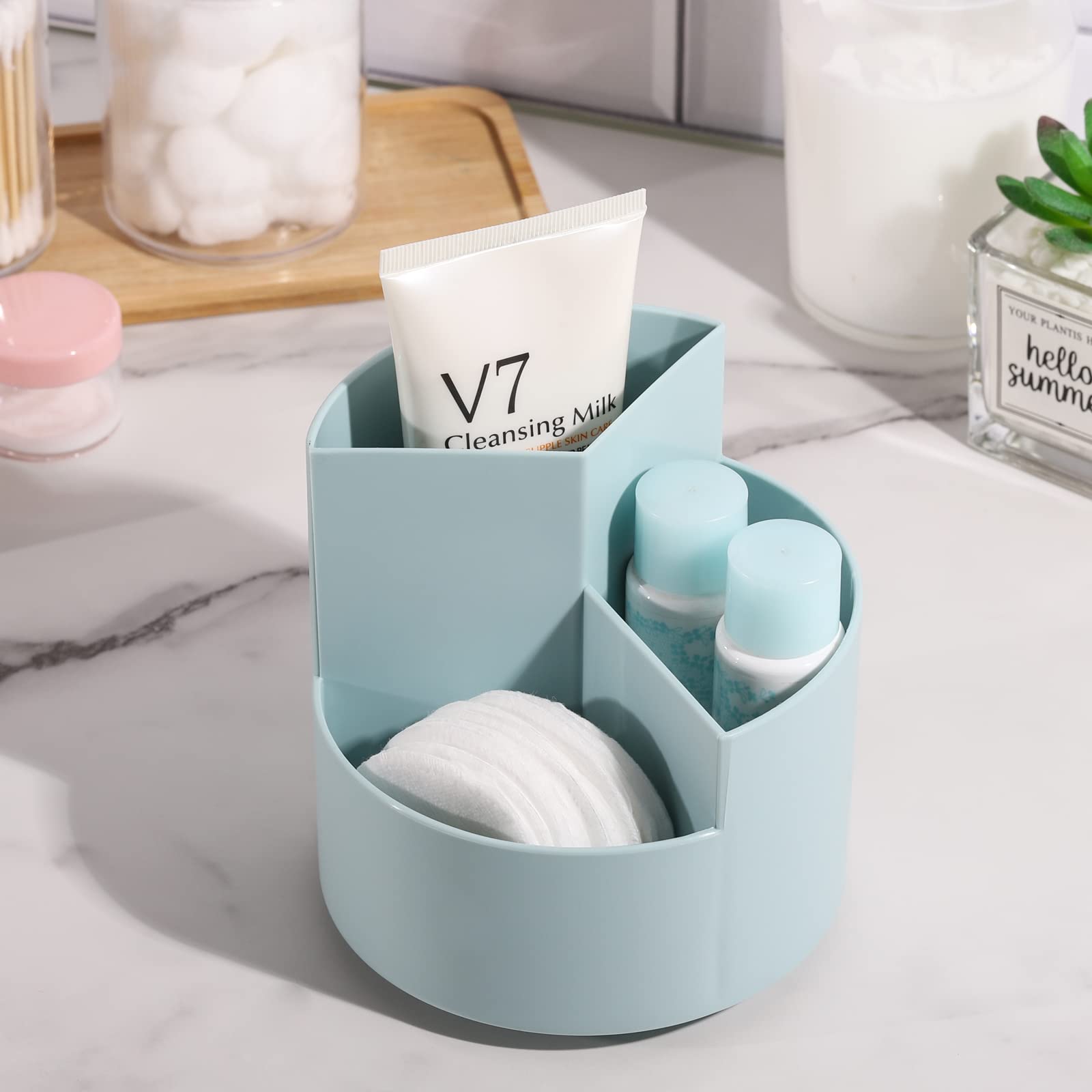 LoveBB 360° Rotating Pencil & Makeup Brush Holder - 3-Slot Desk Organizer for Cosmetics, Pens & Art Supplies | Perfect for Vanity, Office & Craft Room (Blue)