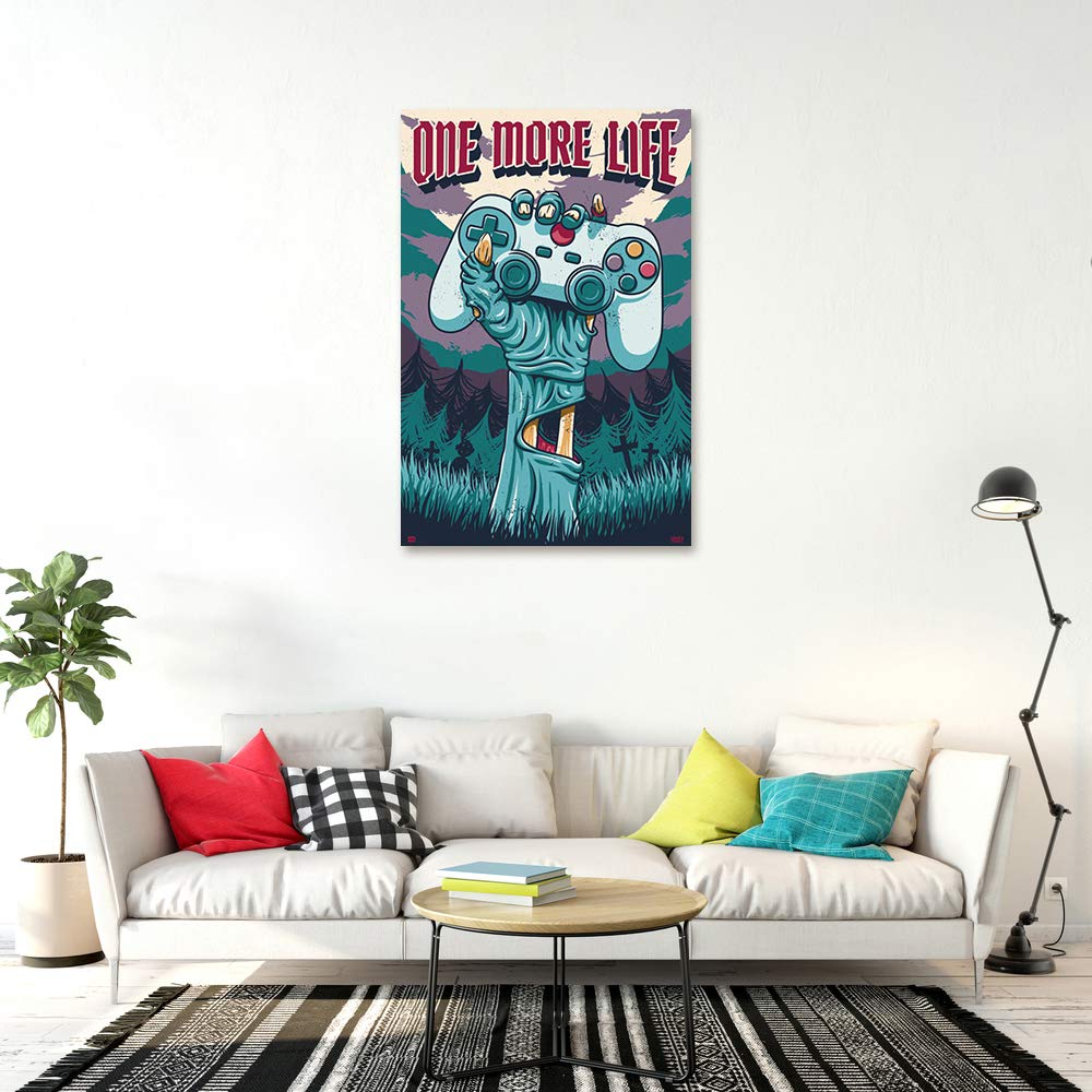 One More Life Gaming Poster - Zombie Gamer Hand Holding Console Controller 24x36 Inch - Premium Poster & Hanging Strip Set for Gamers Room Decor, Man Cave, or Gaming Lounge Wall Art