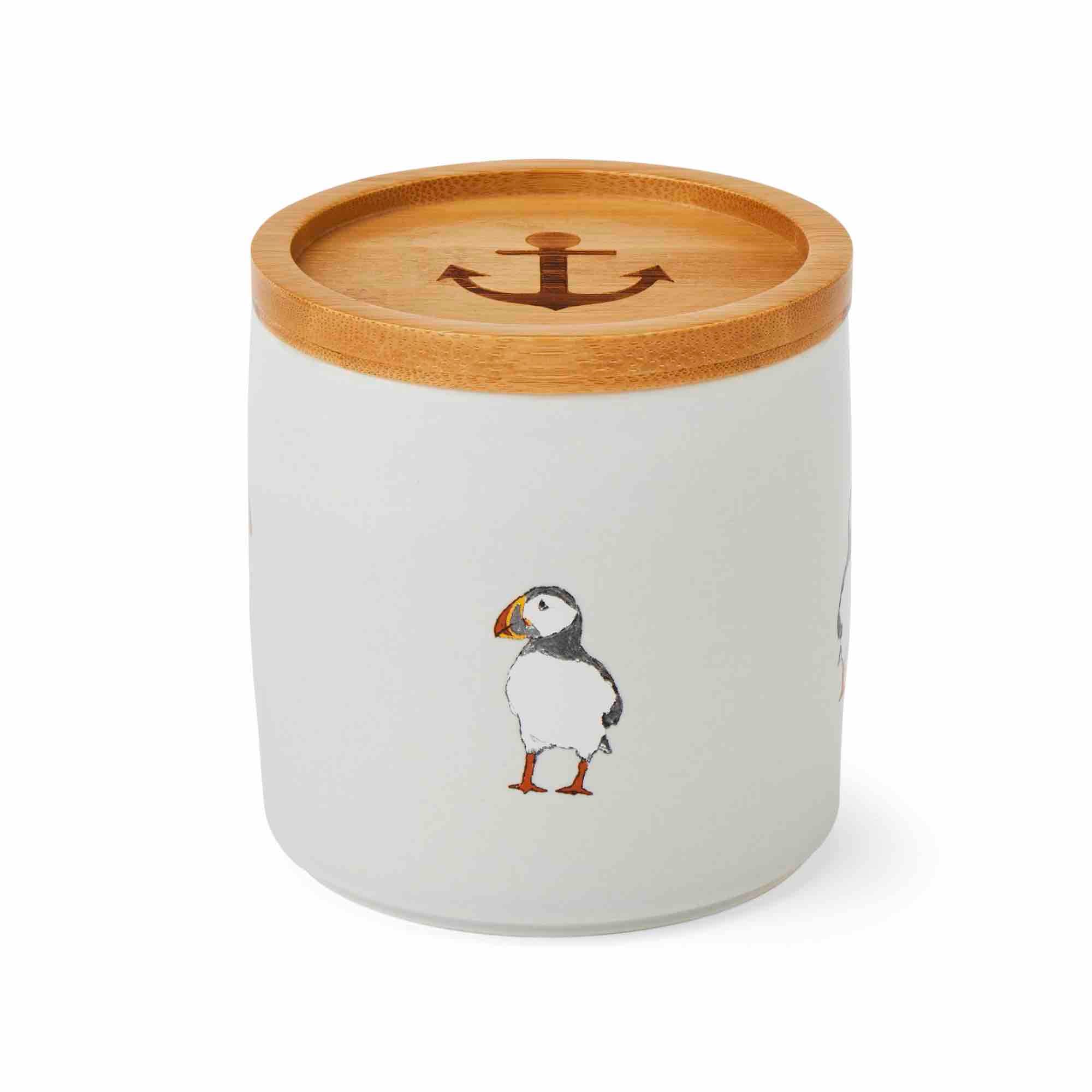 Small Ceramic Canister with Coastal Birds Design - Perfect for Kitchen Storage, Bathroom Organization & Home Decor