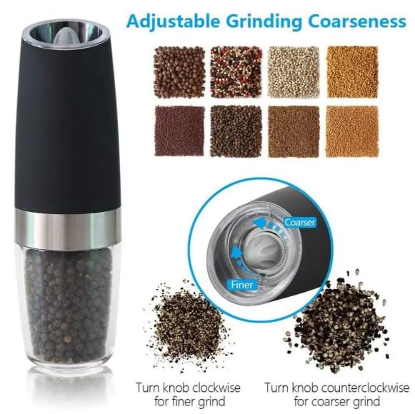 Premium Electric Salt and Pepper Grinder Set - Automatic Gravity Sensor Mill with Adjustable Coarseness & Blue LED Light - One-Hand Operation Battery-Powered (2-Pack Black) - Perfect for Kitchen, Dining Table & Outdoor BBQ
