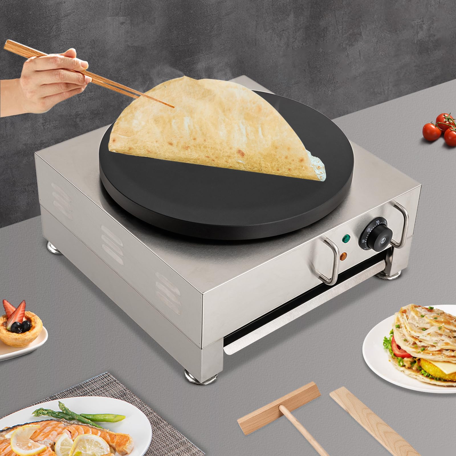 16 Inch Electric Crepe Maker - 2200W 110V Pancake Machine with Adjustable Temperature & Non-Stick Surface, Includes Wooden Spreader - Perfect for Breakfast, Brunch, Desserts & Commercial Crepe Making