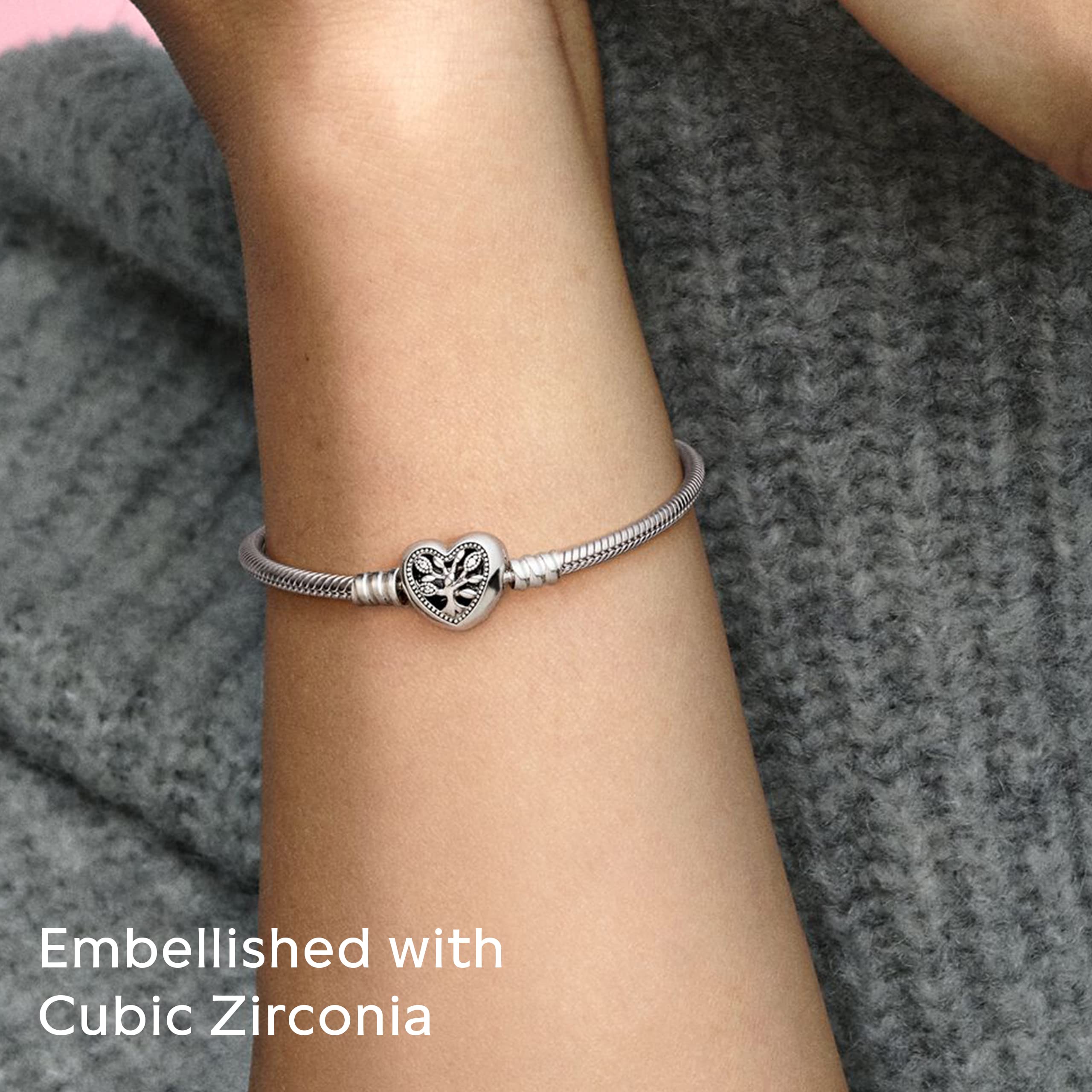 PANDORA Moments Family Tree Heart Clasp Snake Chain Bracelet - Sterling Silver with Cubic Zirconia - Compatible with PANDORA Charms - Elegant Jewelry Gift for Women - Perfect for Mother's Day, Anniversary & Special Occasions