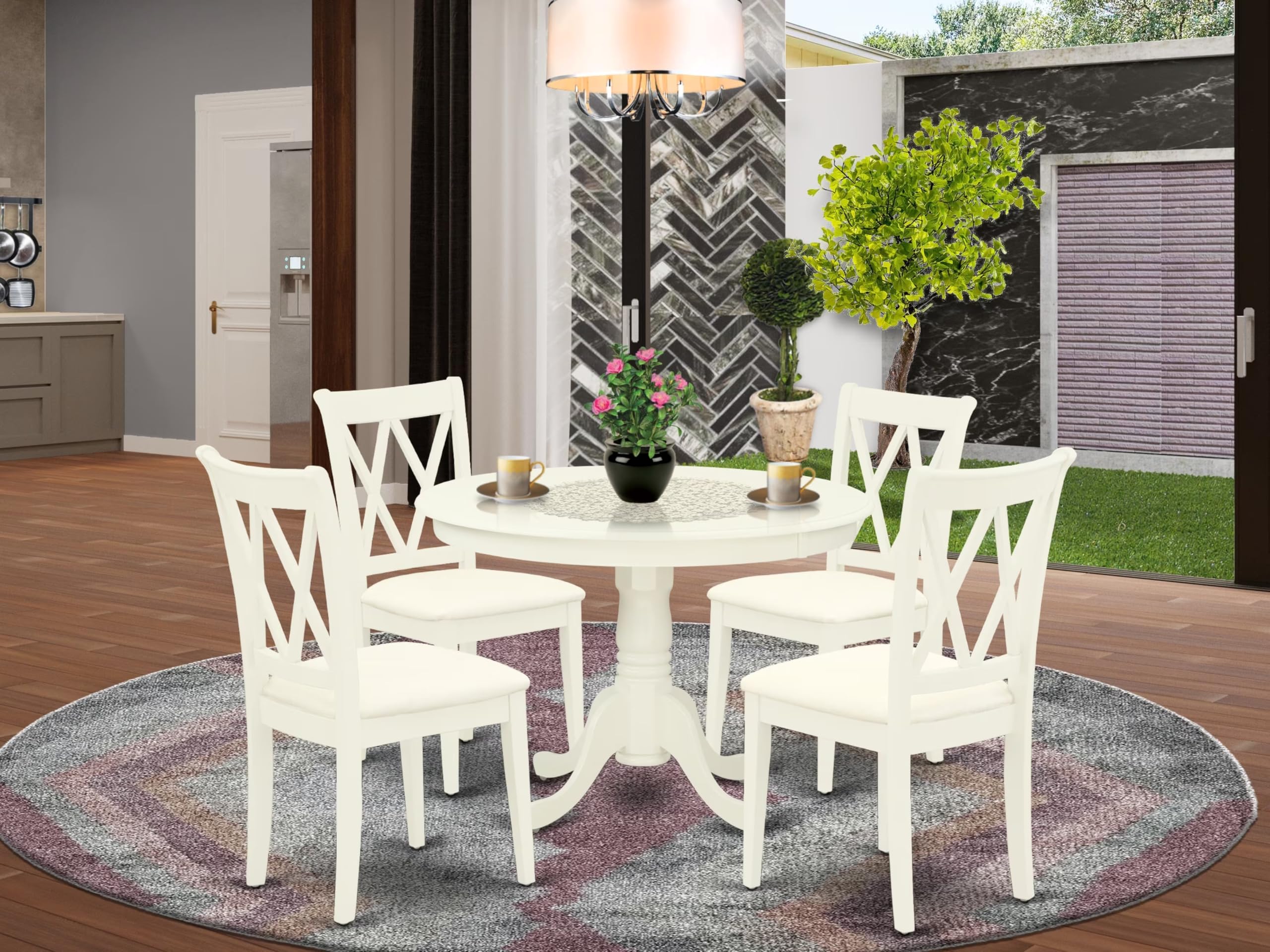 East West Furniture HLCL5-LWH-C 5-Piece Round Dining Table Set with Pedestal Base & 4 Linen Upholstered Chairs, 42x42 Inch, Linen White - Perfect for Small Spaces, Breakfast Nooks & Cozy Family Meals