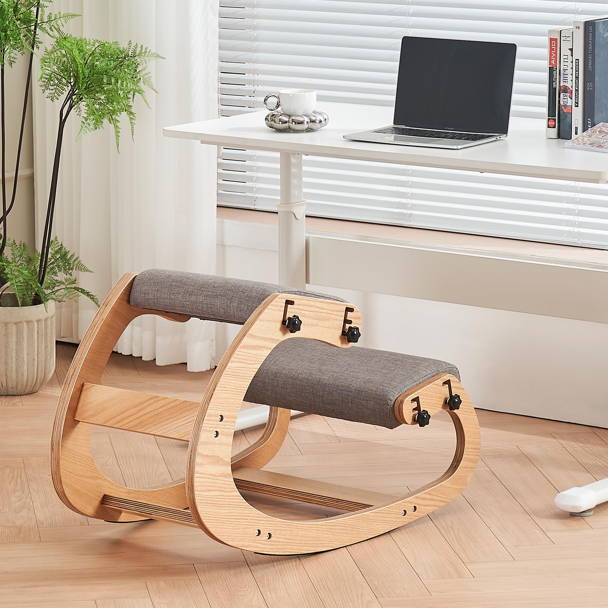 Ergonomic Kneeling Chair - Adjustable Rocking Knee Stool for Home Office & Meditation, Wooden Posture Corrector Chair for Back Pain Relief (Grey) - Perfect for Desk Work, Yoga & Reading