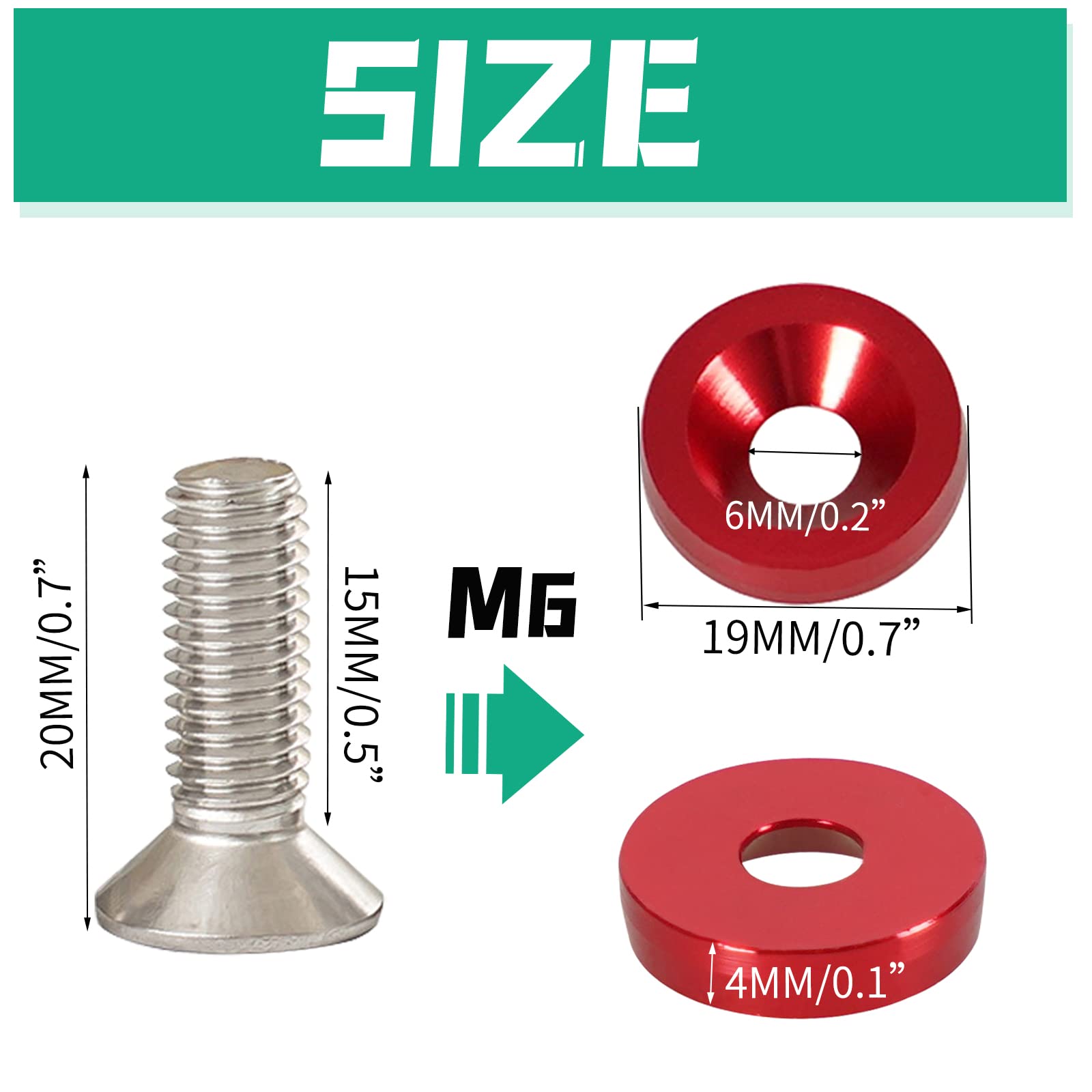 YESHMA 30Pcs M6x20mm Bumper Washers with Bolts - Red Aluminum Fastener Kit for Headlights & License Plates