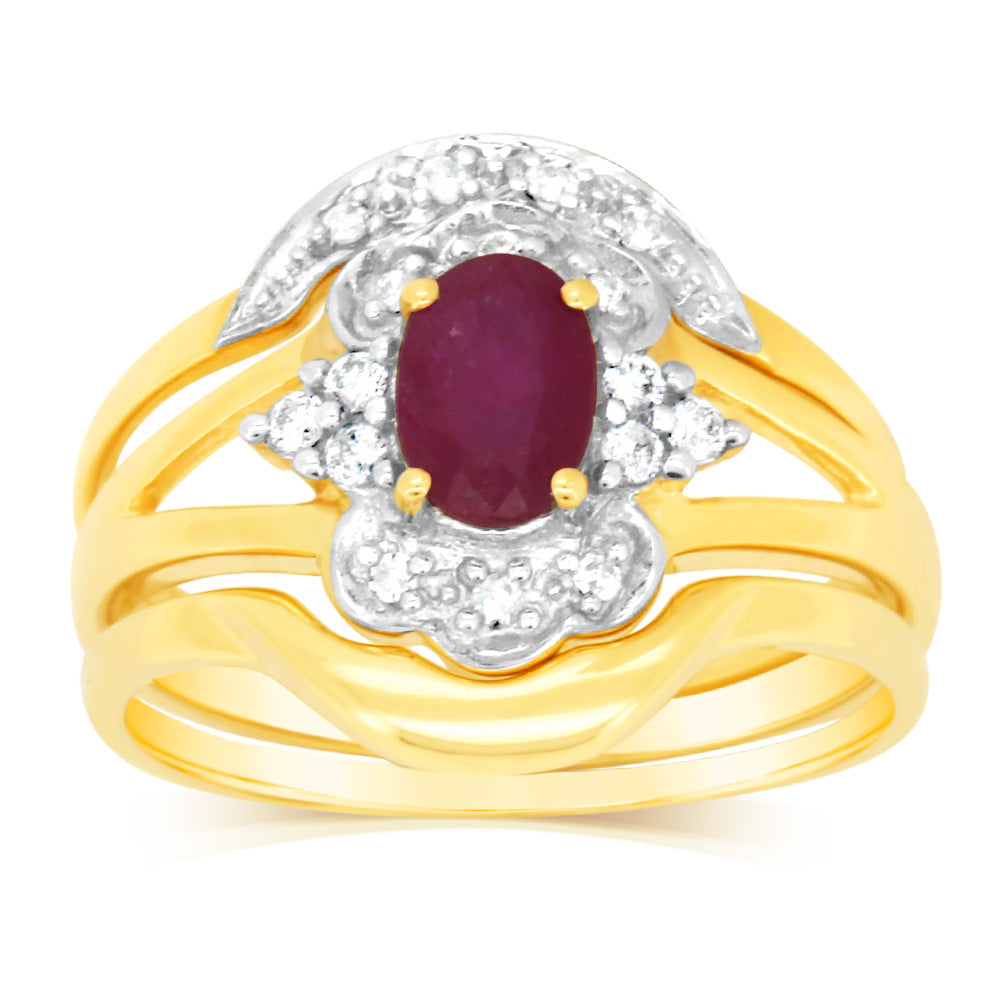 0.55 Carat Natural Ruby & 16 Diamond Wedding Ring Set in 9K Yellow Gold - Elegant Bridal Jewelry for Engagement, Anniversary & Special Occasions