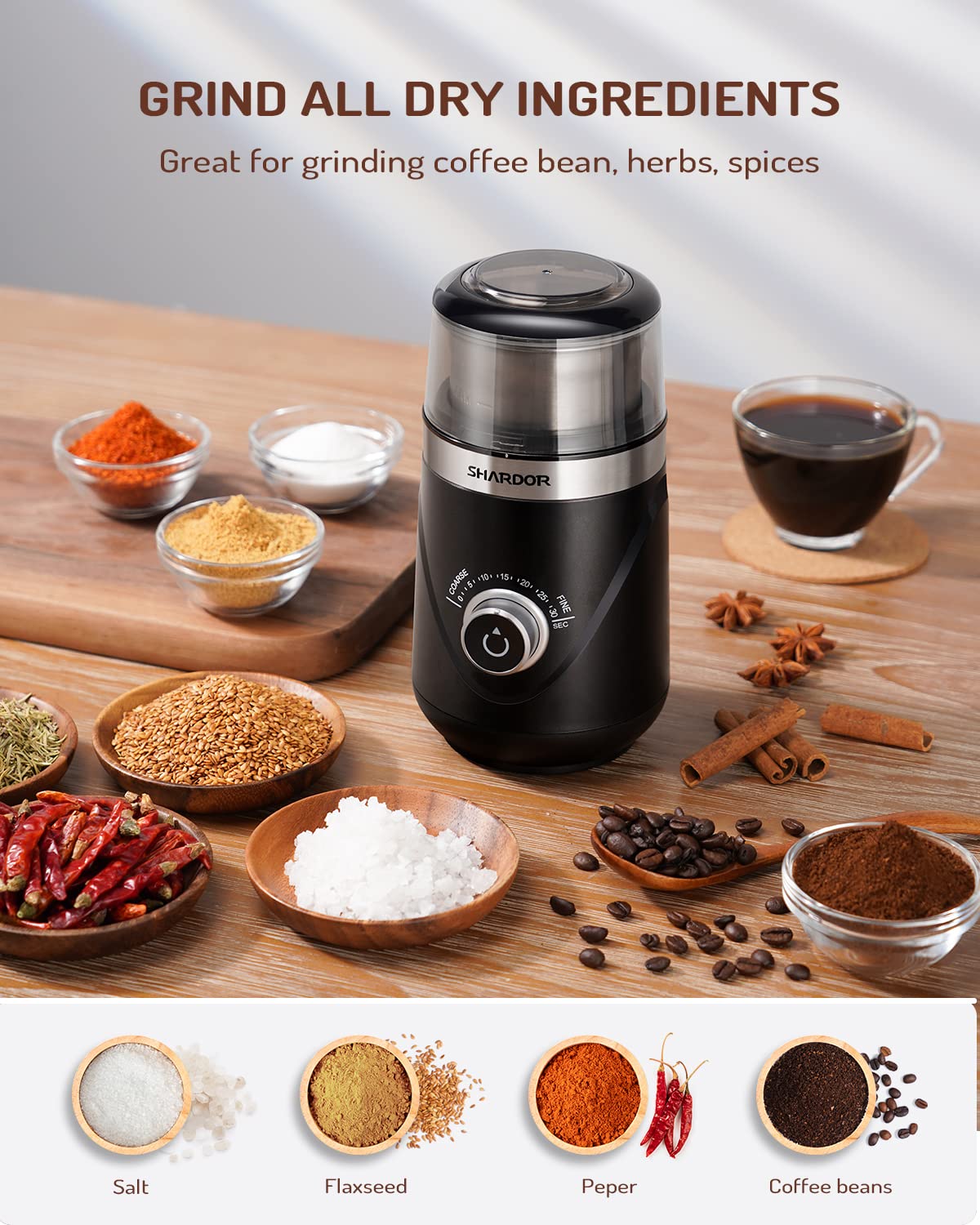 SHARDOR Electric Coffee Grinder for Espresso, Adjustable Herb & Spice Grinder with Removable Stainless Steel Bowl - Perfect for Home Baristas & Coffee Lovers (Black)