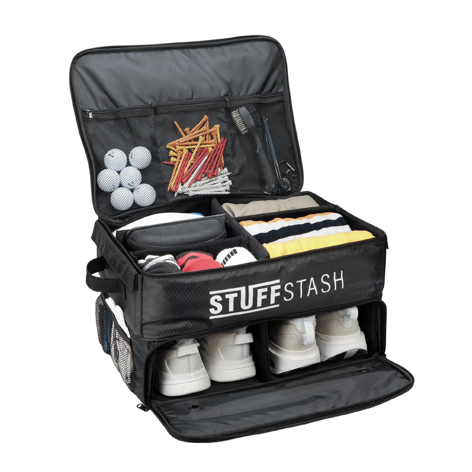 Premium Golf Trunk Organizer - Heavy Duty Collapsible Storage with Shoe Compartments & Dividers for Tees, Gloves, Balls & Accessories | Perfect Car SUV Organizer for Men & Women Golfers | Ideal for Travel, Tournaments & Practice Sessions